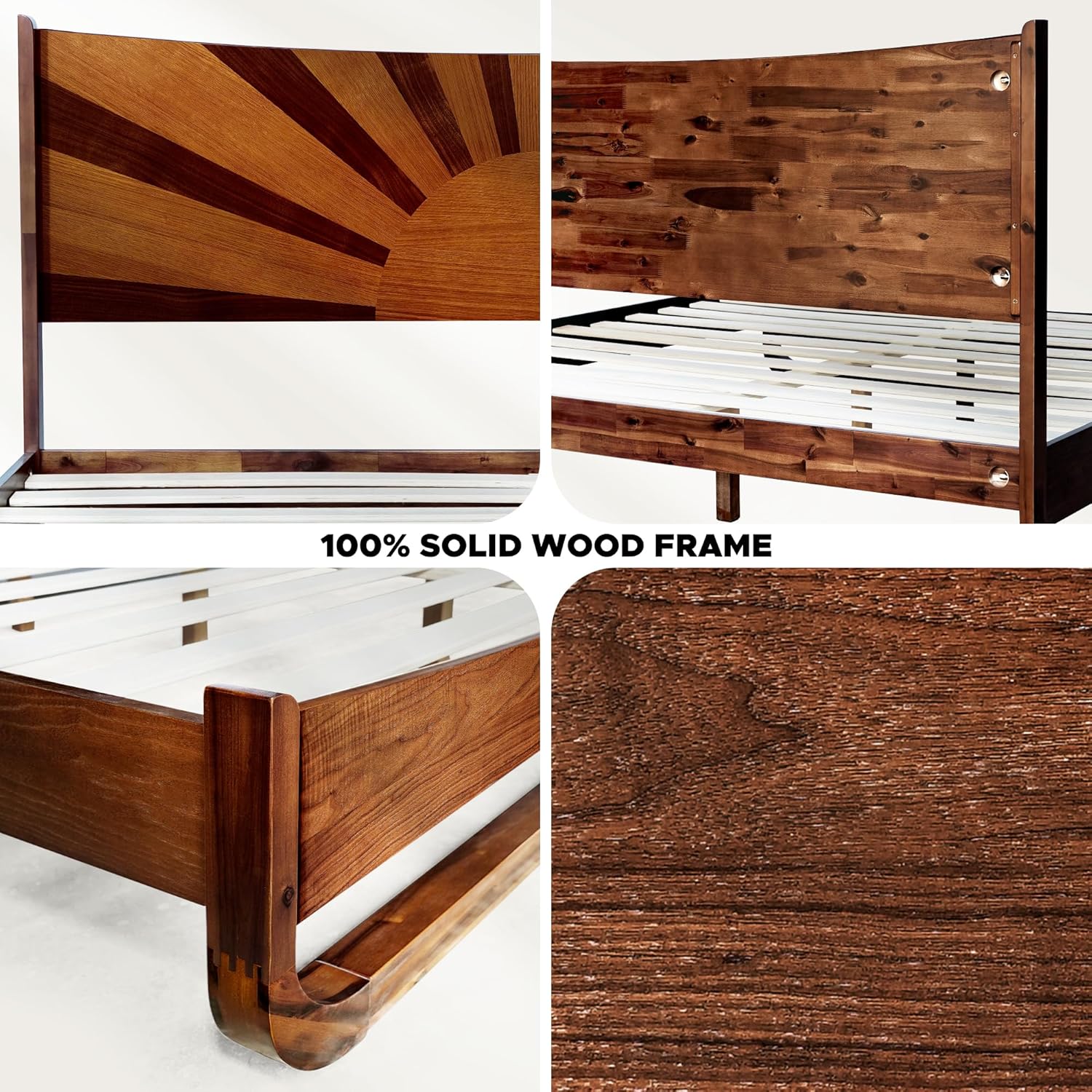 Sunset Deluxe Solid Acacia Wood King Size Platform Bed Frame with Tall Headboard, Mid-Century & Art Deco Design, No Box Spring Needed, Strong Wood Slat Support, Easy Assembly, Walnut Walnut King