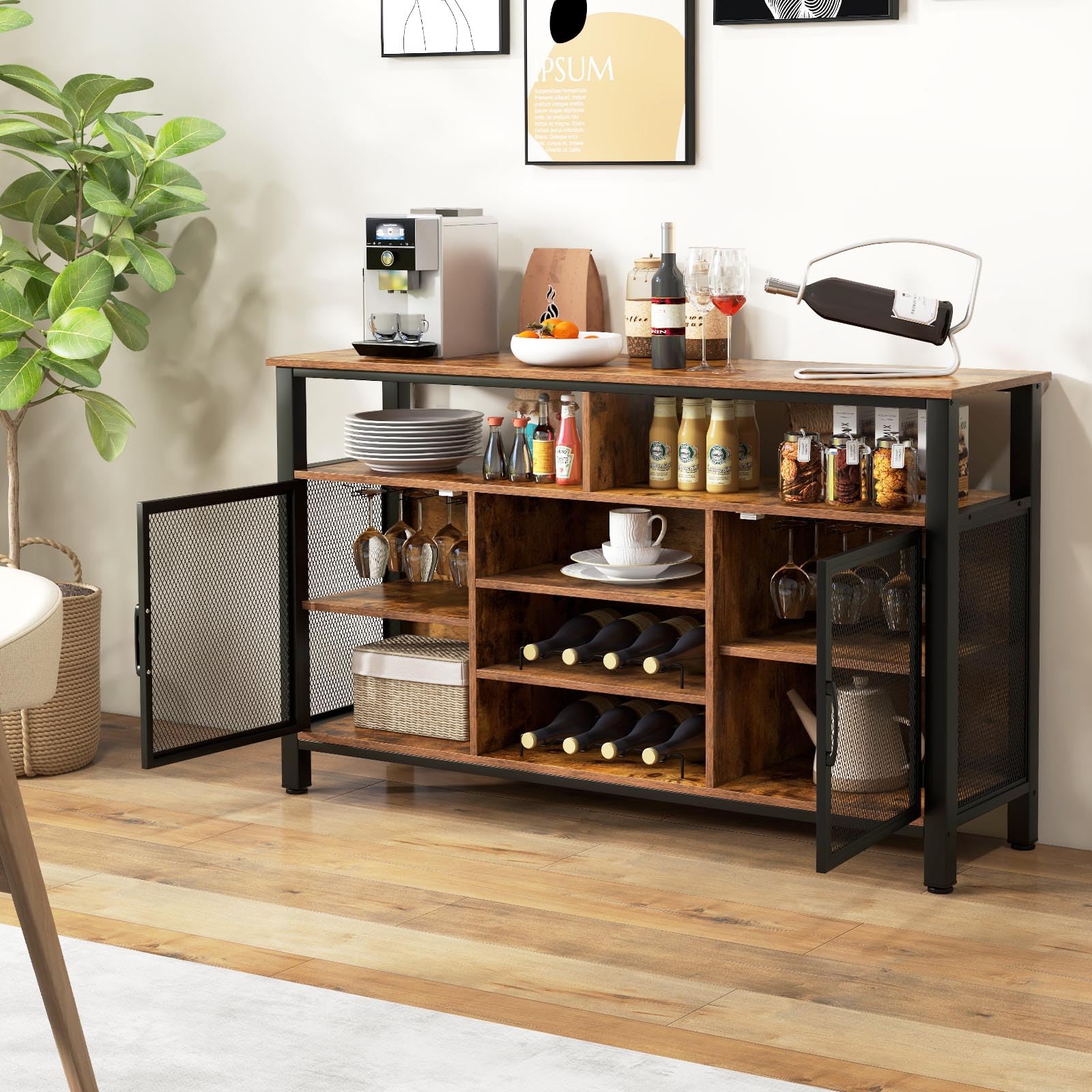 GOPLUS Mueble para Vinos, Estación de Café de 140 Cm con Estantes para 8 Botellas de Vino y Soportes para Copas, Aparador de Cocina con Almacenamiento para Comedor, Sala de Estar (Marrón)