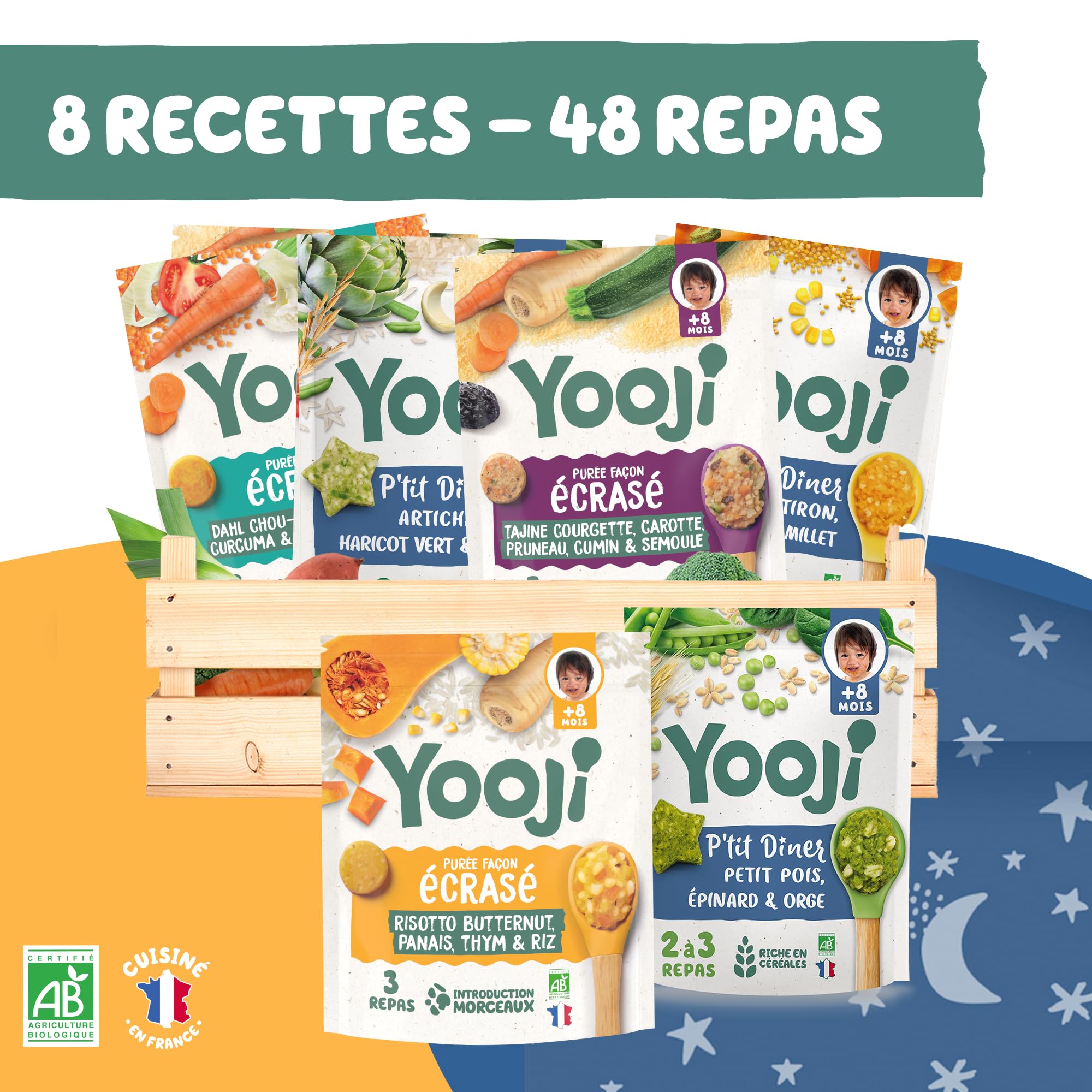 Yooji - 48 Repas BIO Midi et Soir Pour Bébé dès 8 Mois - Les Écrasés et P'tit Dîner, Purées Spécial Introduction Morceaux pour la Diversification Alimentaire - 8 Recettes Variées - Lot 16x400g