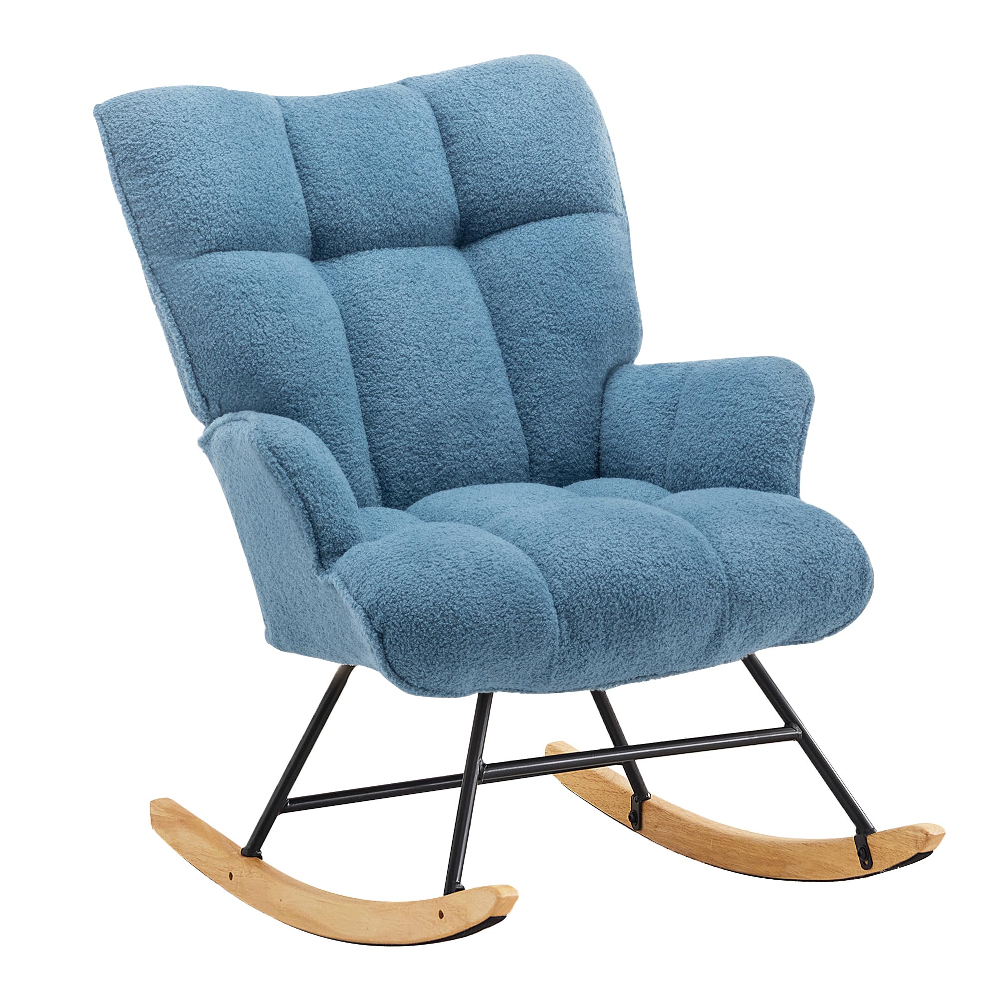 XH.Easy Go Rocking Chair Nursery Teddy Upholstered Glider Rocking Accent Chairs Padded Seat with Rubber Wood Legs Armchair Comfy Side Chair for Living Room Bedroom Offices (Lightblue Teddy) — image 1