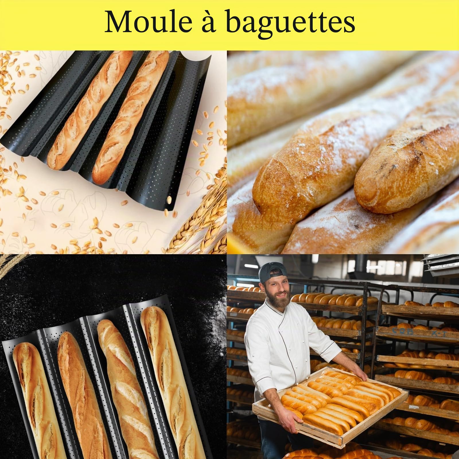 WOPPLXY 3 Pièces Moule a Baguette de 4 Créneaux, Noir Moule Baguette Four de 38 x 32cm, Moule à Pain en Acier au Carbone pour 4 Baguettes