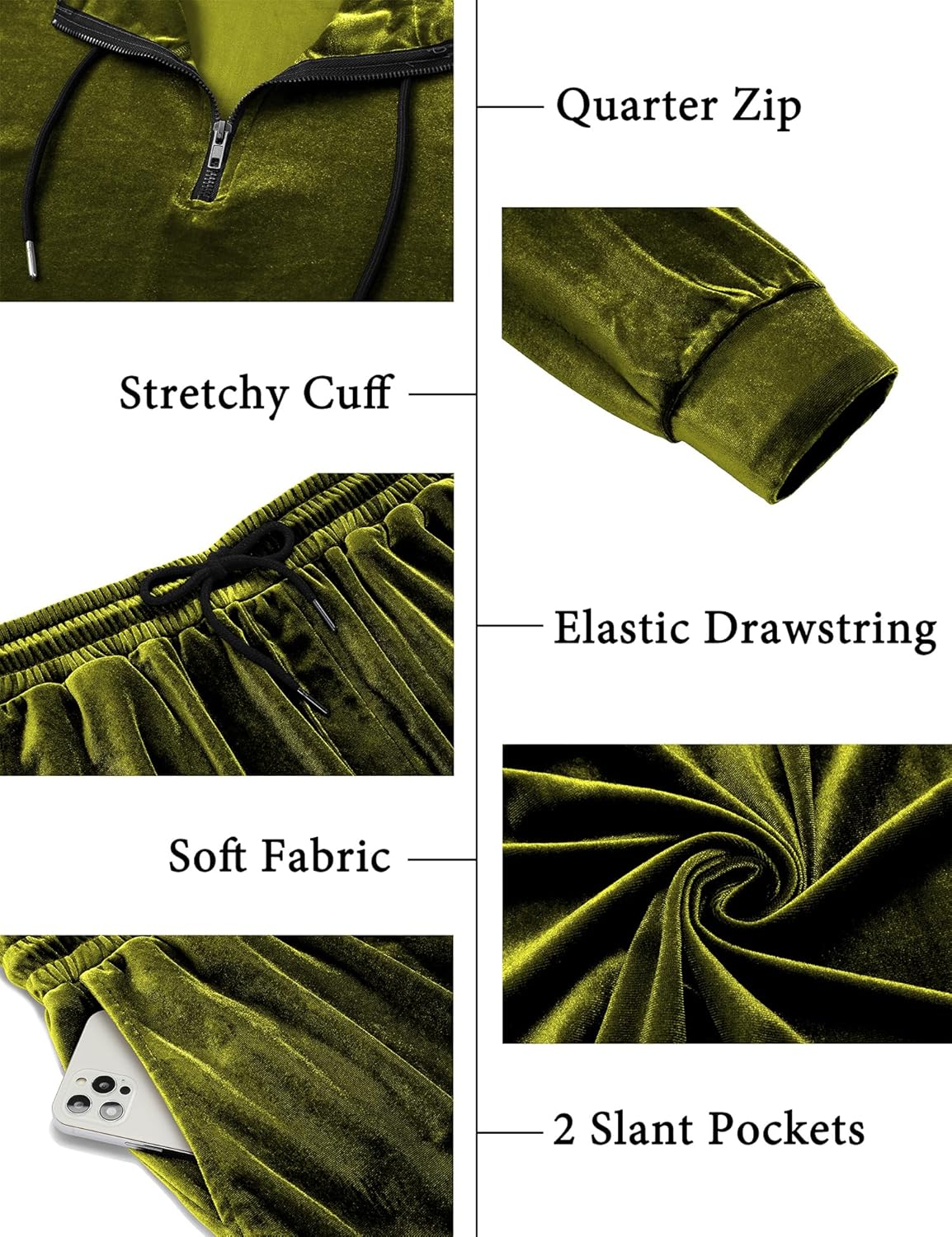 LecGee Mens Velvet Tracksuit Quarter Zip Pullover Hoodie and Joggers Sweatpants Casual Velour Sweatsuit Set - Image 4