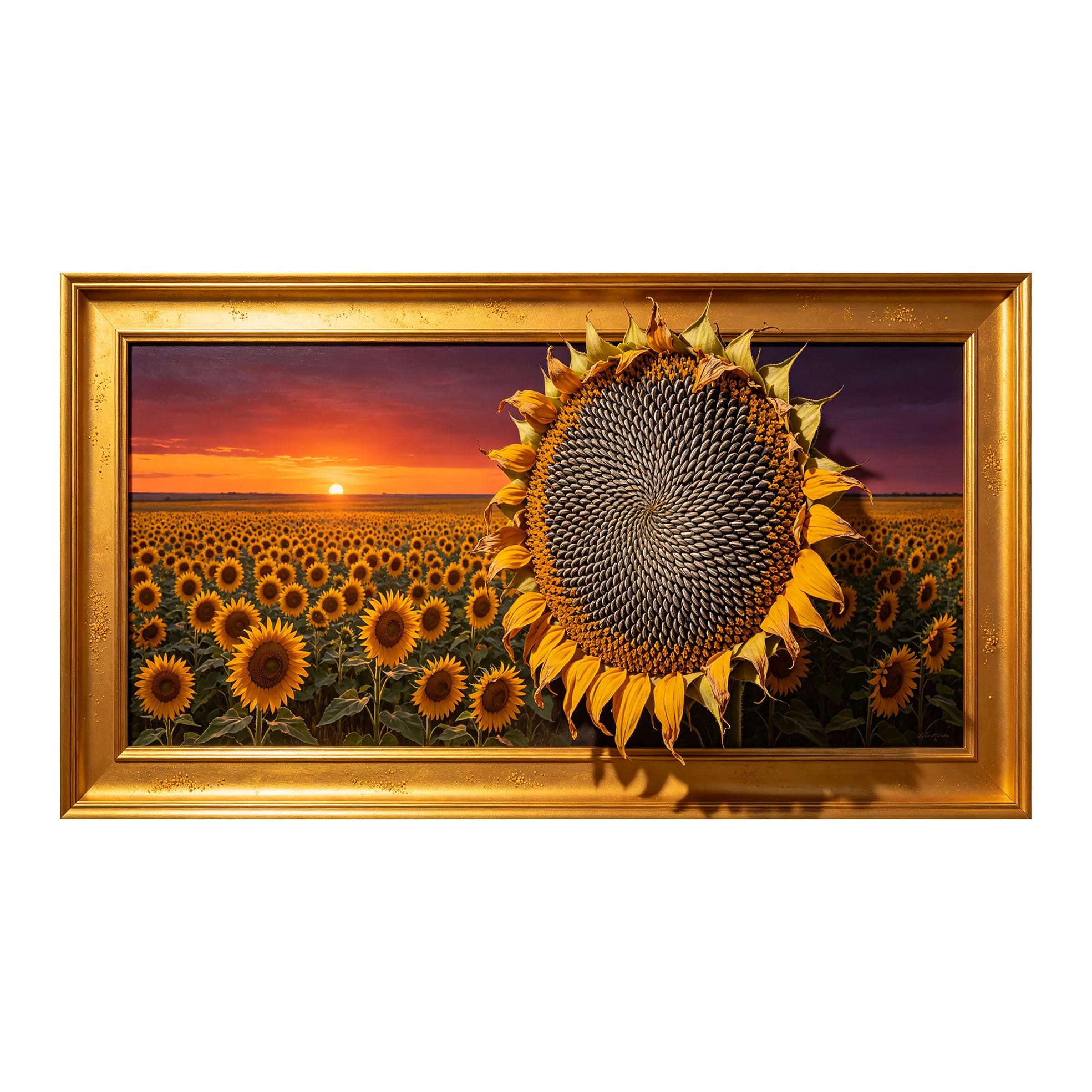 Yzpallescene 3D Framed Wall Art 50cm×100cm Sunflower Meadow Sunset Oil Painting Realistic Panoramic Large Size SelfAdhesive Removable Wall Decor Prints Artwork for Living Room Bedroom Office