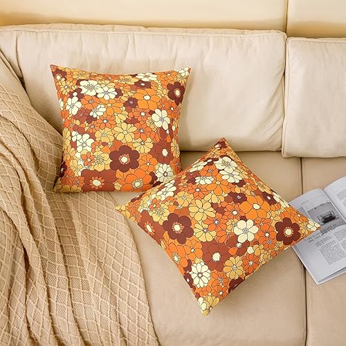 Miniatura 2 de Paquete de 4 fundas de almohada florales bohemias de 20 x 20 pulgadas, fundas de cojín retro con flores geniales de los años 60 y 70, fundas de