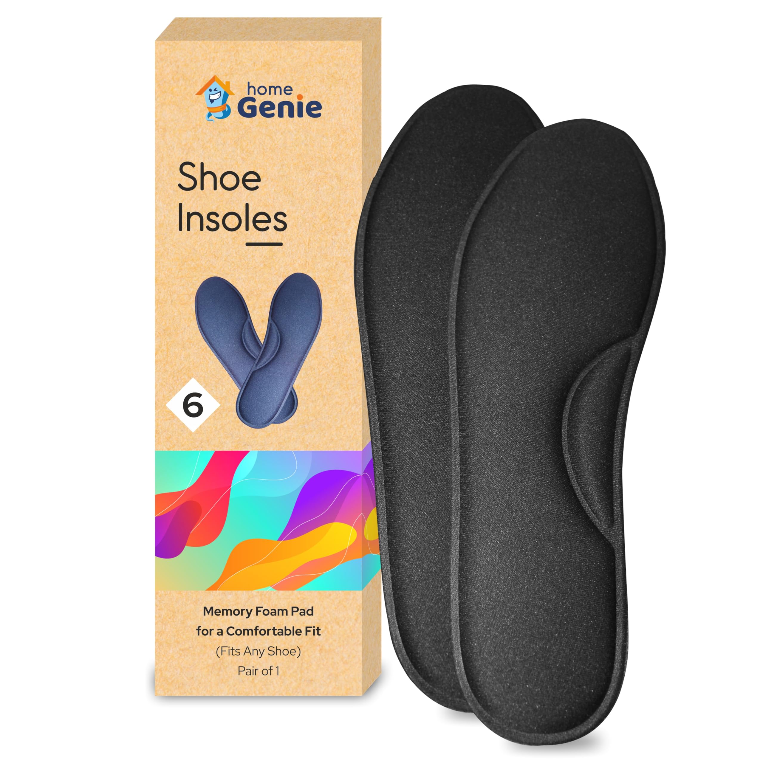 Home Genie Memory Foam Shoes Insole | shoe Insoles for All Shoes | Shoe Insole for heel pain | Super Soft Absorption Pads Comfortable, Soft, Durable, Washable (Size - 6, Pack of 1, Black)