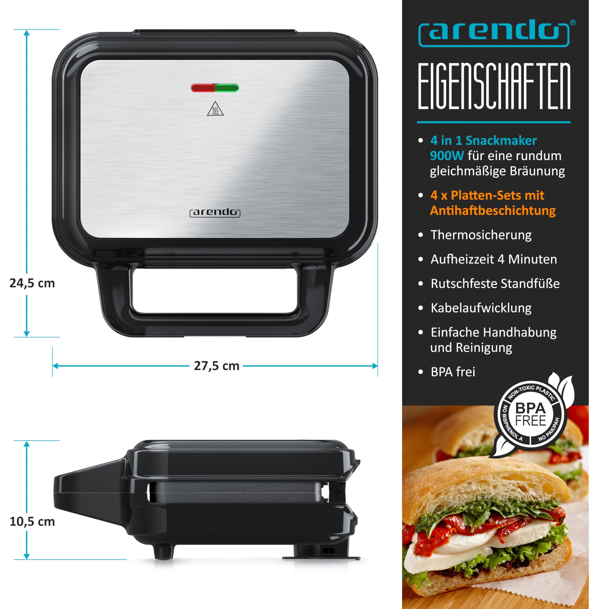 Arendo -Sandwichmaker mit Wechselplatten - Waffeleisen doppelt - 4 in 1 - Panini Maker Kontaktgrill - Antihaftbeschichtung - BPA frei - Temperaturkontrolle – Sandwich Maker - Sandwichtoaster