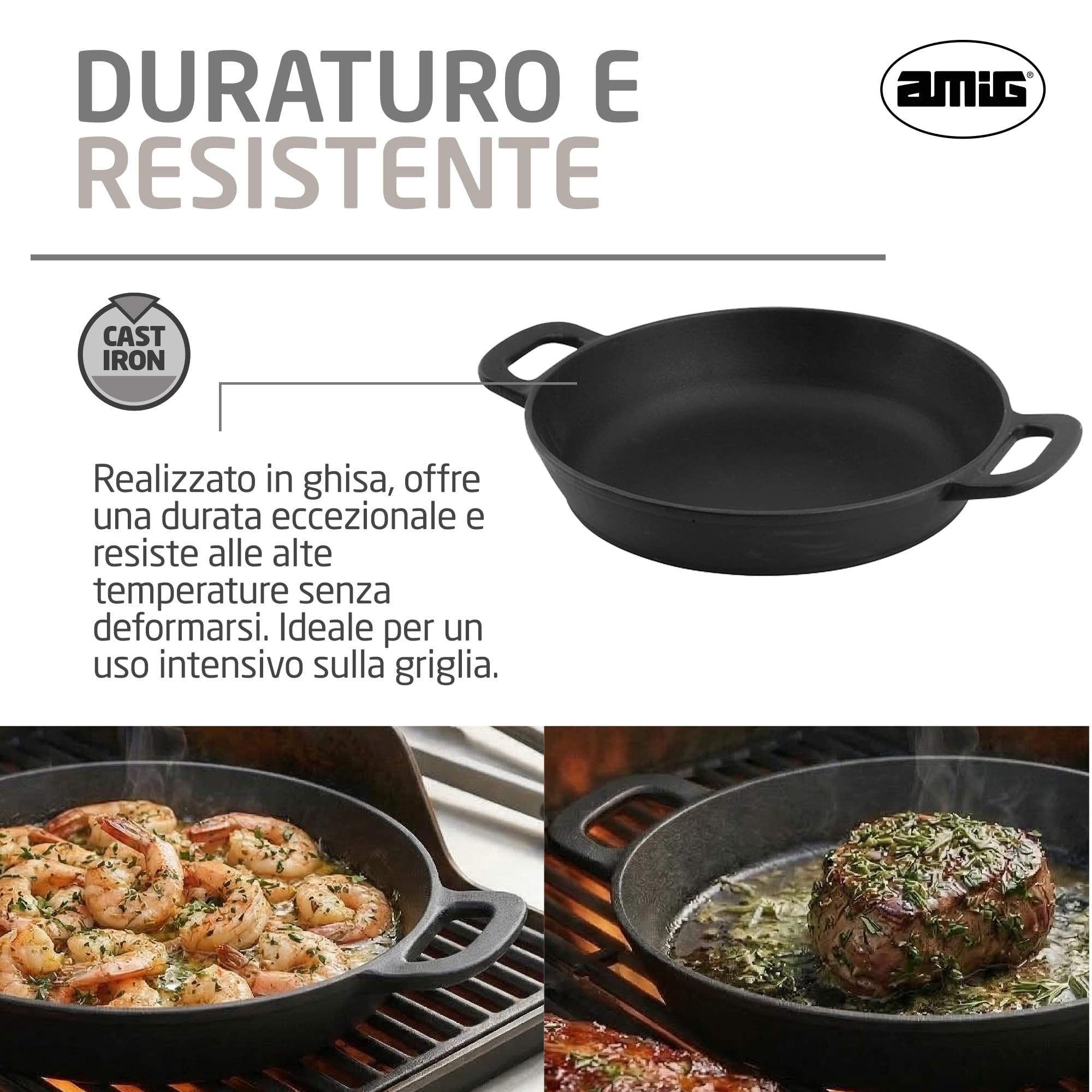 Amig - Wok in Ghisa - Ø31 cm - Distribuzione Uniforme del Calore e Alta Resistenza - Per Barbecue a Carbone o Gas - Mod. AM38