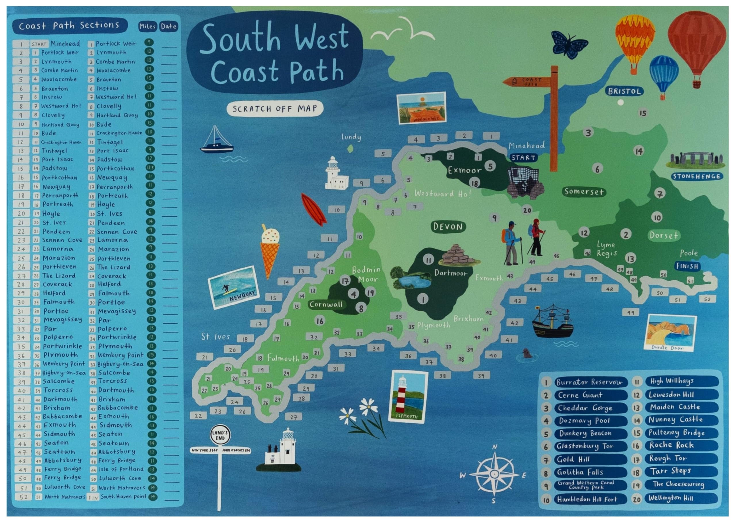 South West Coast Path Map Scratch Off Poster – Scratch all 630 Miles – Adventure Gift for Walkers & Hikers – 52 Sections to Complete – A2 Wall Art Travel Map
