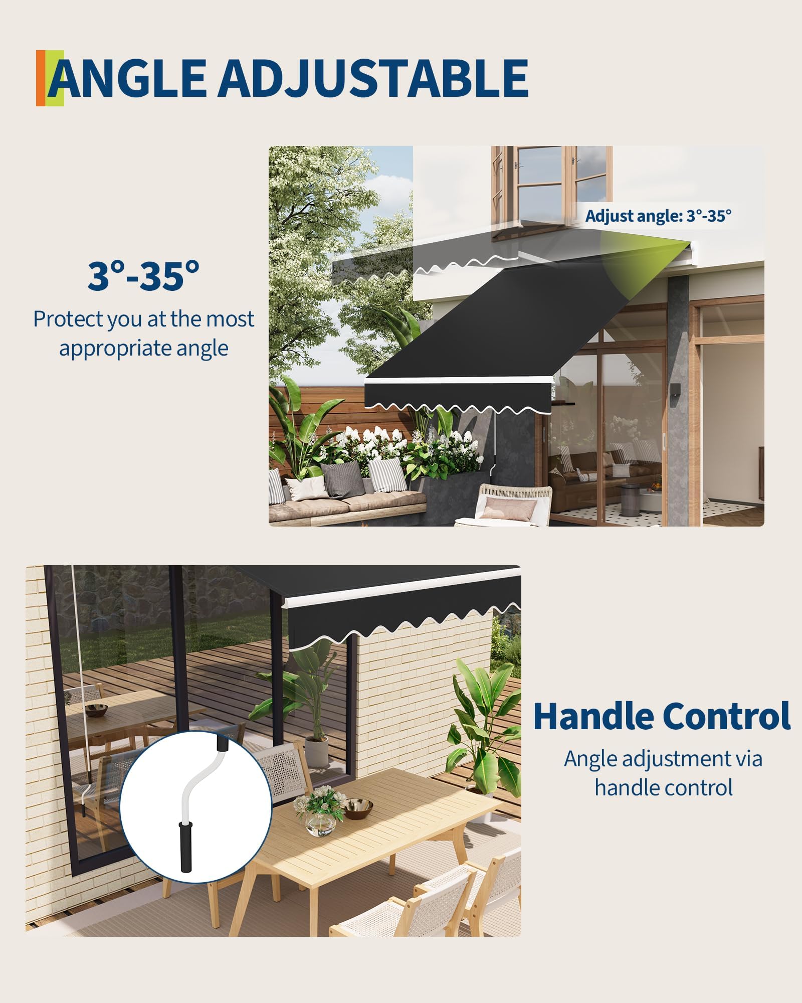Tenda da Sole 350x250 cm per Esterni con Manovella, Protezione UV50+ | Tessuto idrorepellente, Inclinazione regolabile, Supporto a parete, Terrazza, Balcone, Patio
