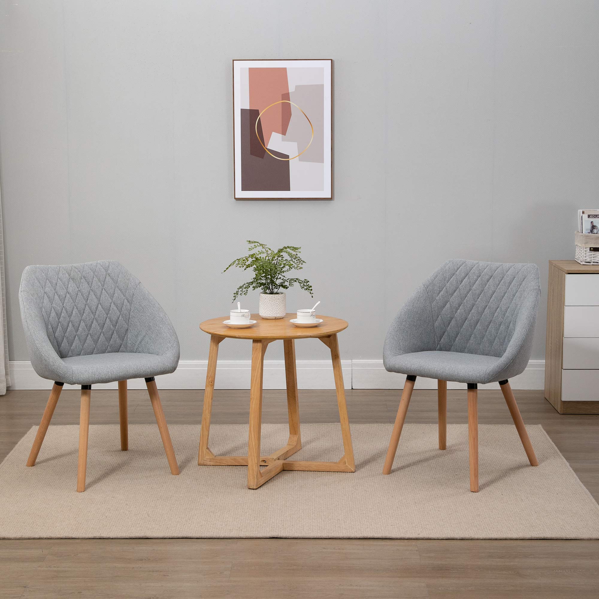 HOMCOM Sillas de Comedor diseño escandinavo Set de 2 Lino Gris | Patas de madera de haya cónicas, asiento/respaldo/brazos ergonómicos.