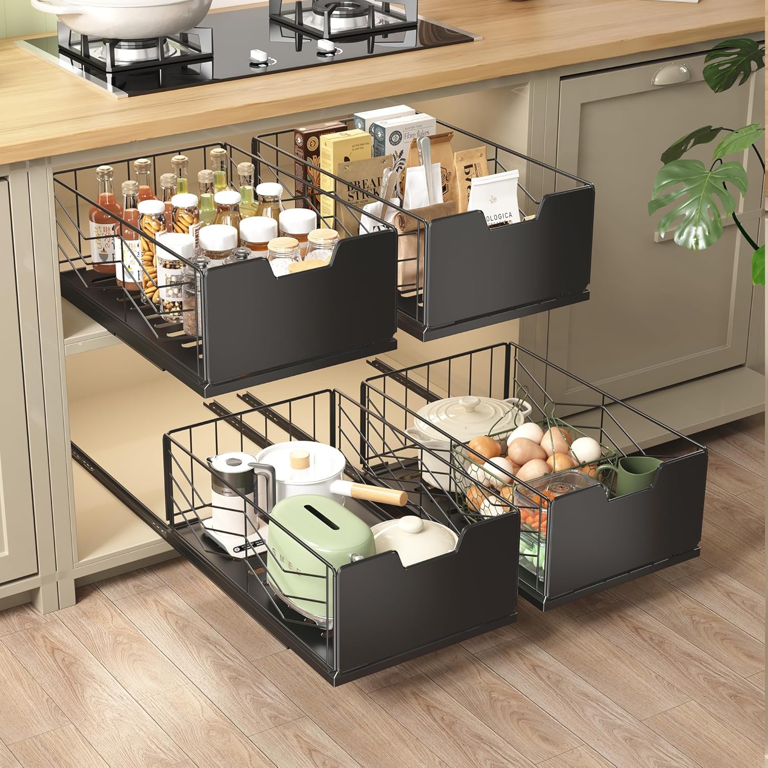 NETEL 2 Pack Pull Out Cabinet Organizer, Slide Out Drawers for Kitchen Cabinets, Pull Out Drawers Fixed with Adhesive Nano Film, Kitchen Cabinet Organizer, Pantry Organizers,11.8" W X 15.7" D X 6.9" H