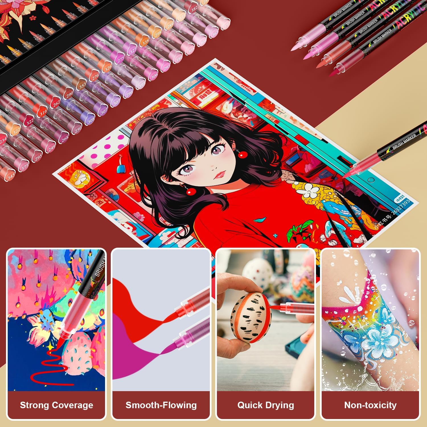 Sanyetral 36 Red Tones Colors Acrylic Paint Markers, Soft Brush Tip Paint Pens, Acrylic Pens for Wood, Stone, Canvas, Glass, Fabric, Egg & DIY Crafts Art Supplies (Red)