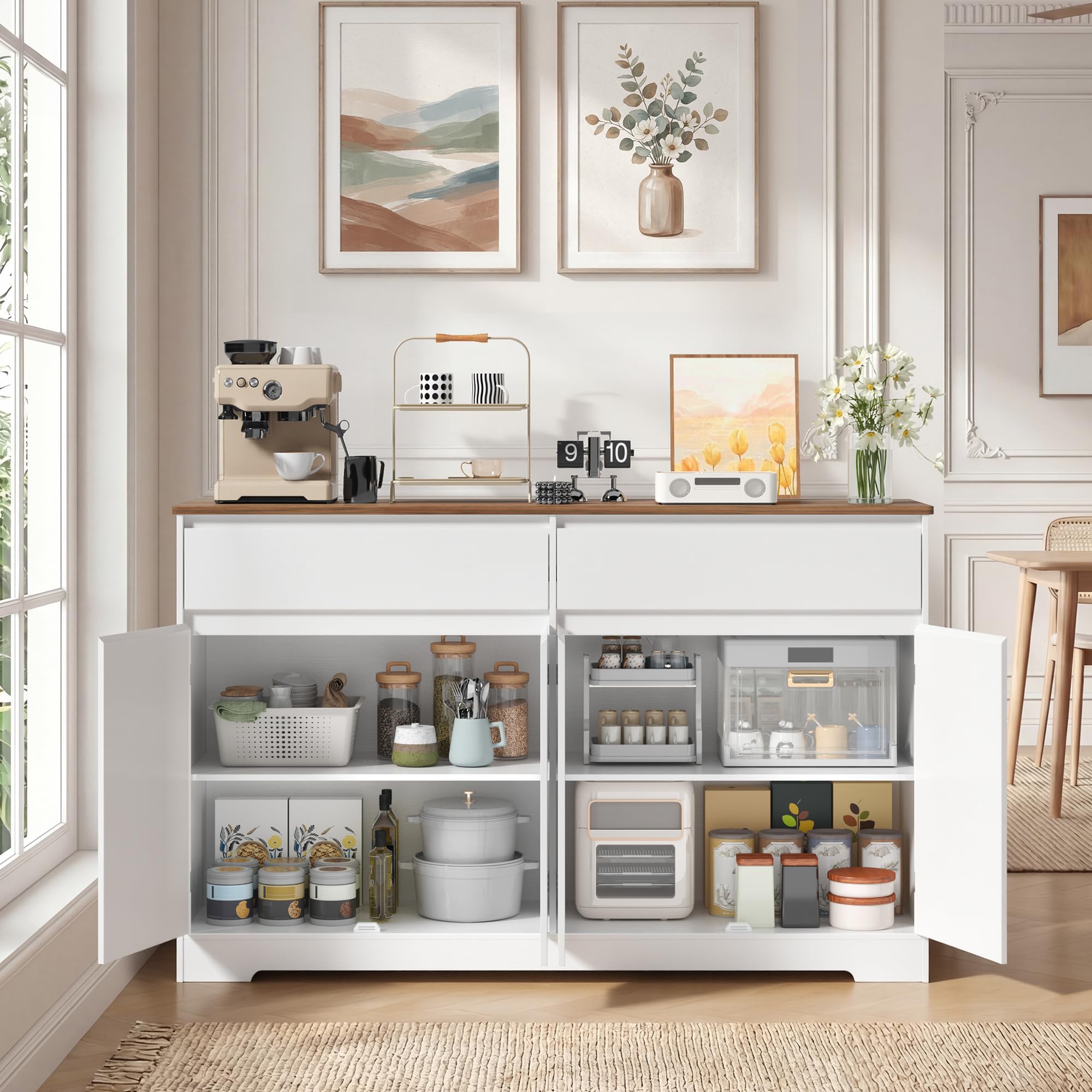 Xbro Credenza Cucina Grande 140 cm, Mobile Cucina con 4 Ante e 2 Cassetti, Madia Soggiorno Moderna con Ripiani Regolabili, Mobile Contenitore Multiuso per Cucina e Sala da Pranzo, Legno Naturale