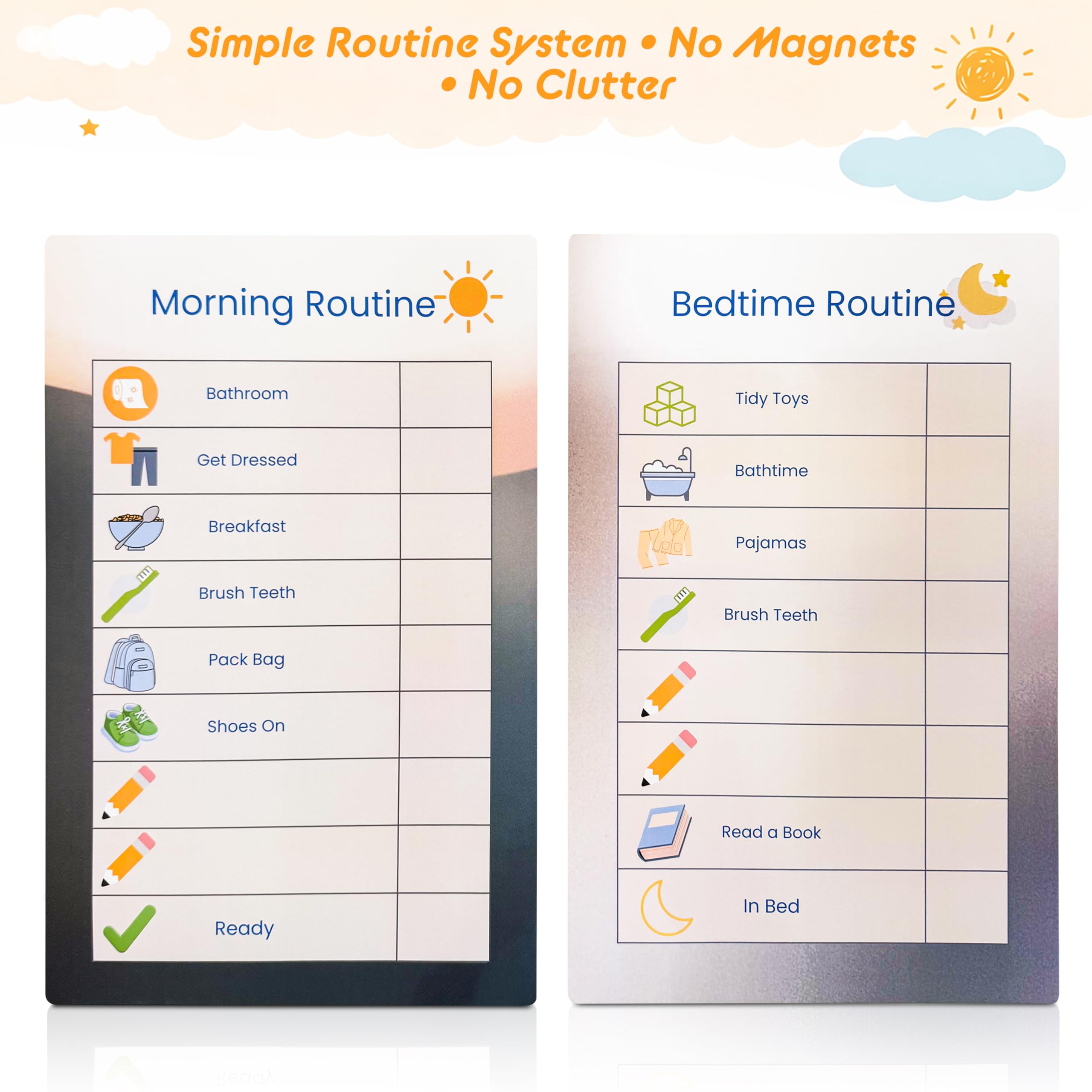 Dry Erase Morning & Bedtime Routine Chart for Kids – 2 Large 11x17in Laminated Chart Set - Simple Routine System, No Magnets or Pieces, Calm, Clutter-Free Daily Routine System