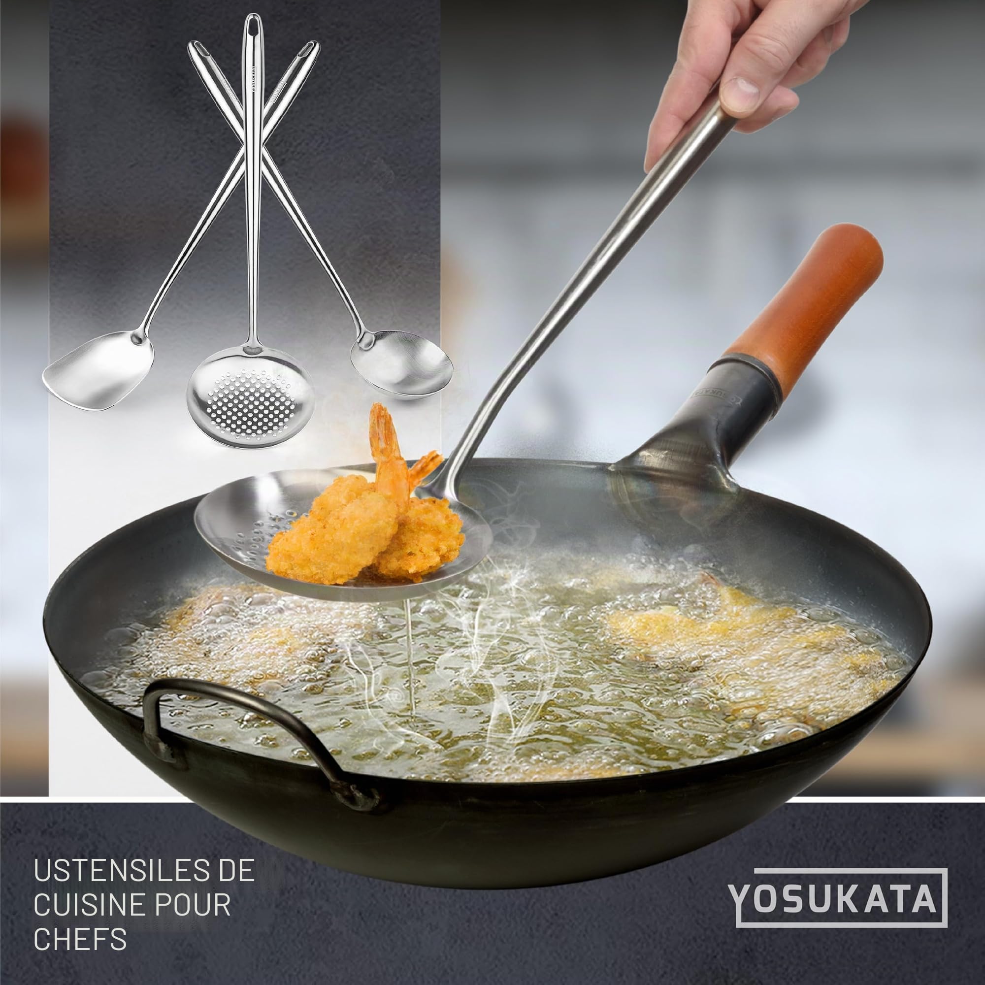 YOSUKATA Spatule, Louche Et Écumoire De Cuisine En Inox Pour Wok 43 cm | Spatule Plancha - Louche Professionnel - Écumoire Ustensiles de Cuisine Inox - Spatule Wok en acier inoxydable 304 -