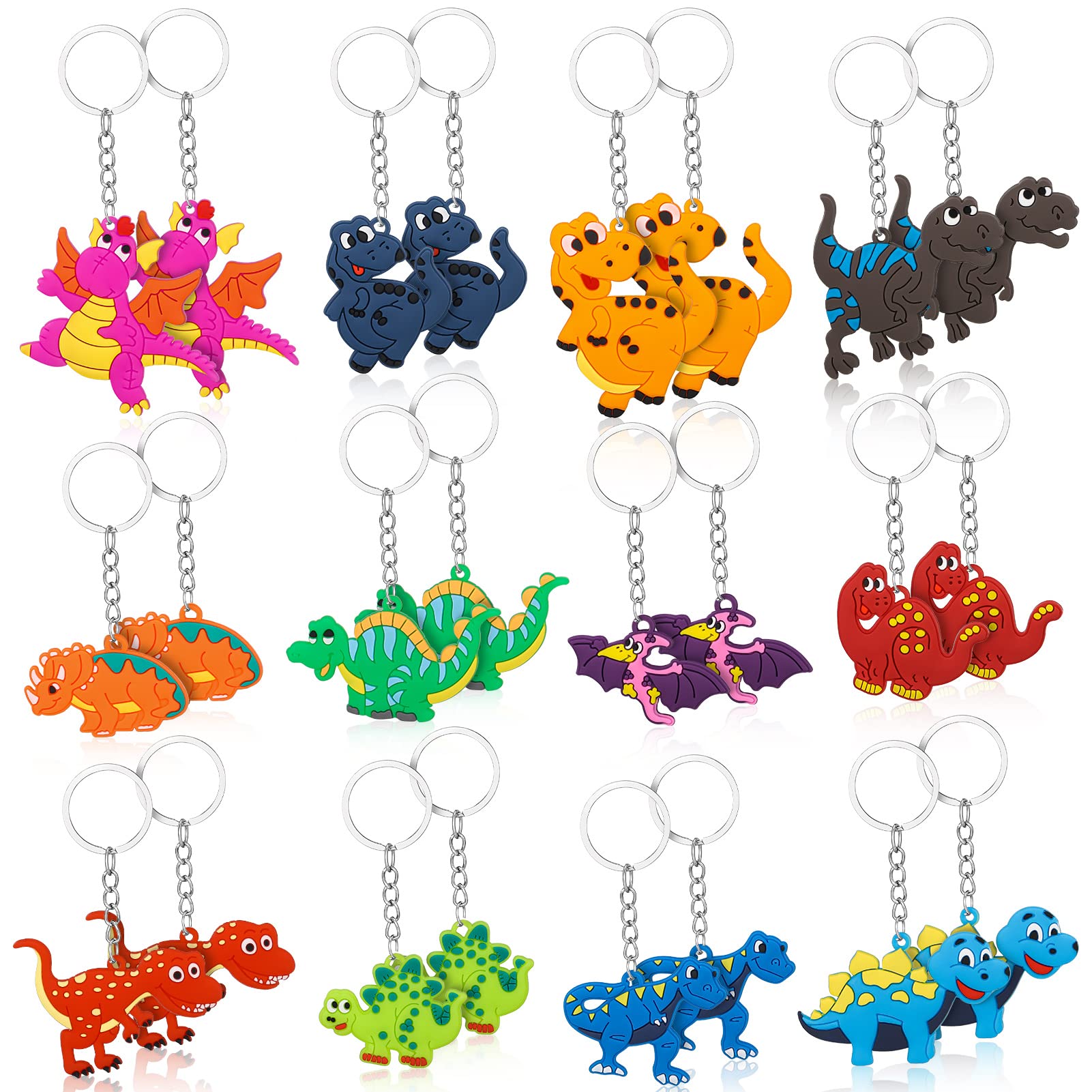 24 Pieces Dinosaur Keychains, Cute Dinosaur Keyring Keychain Pendant for Dinosaur Birthday Party Favor Supplies Stuffers Bag Fillers