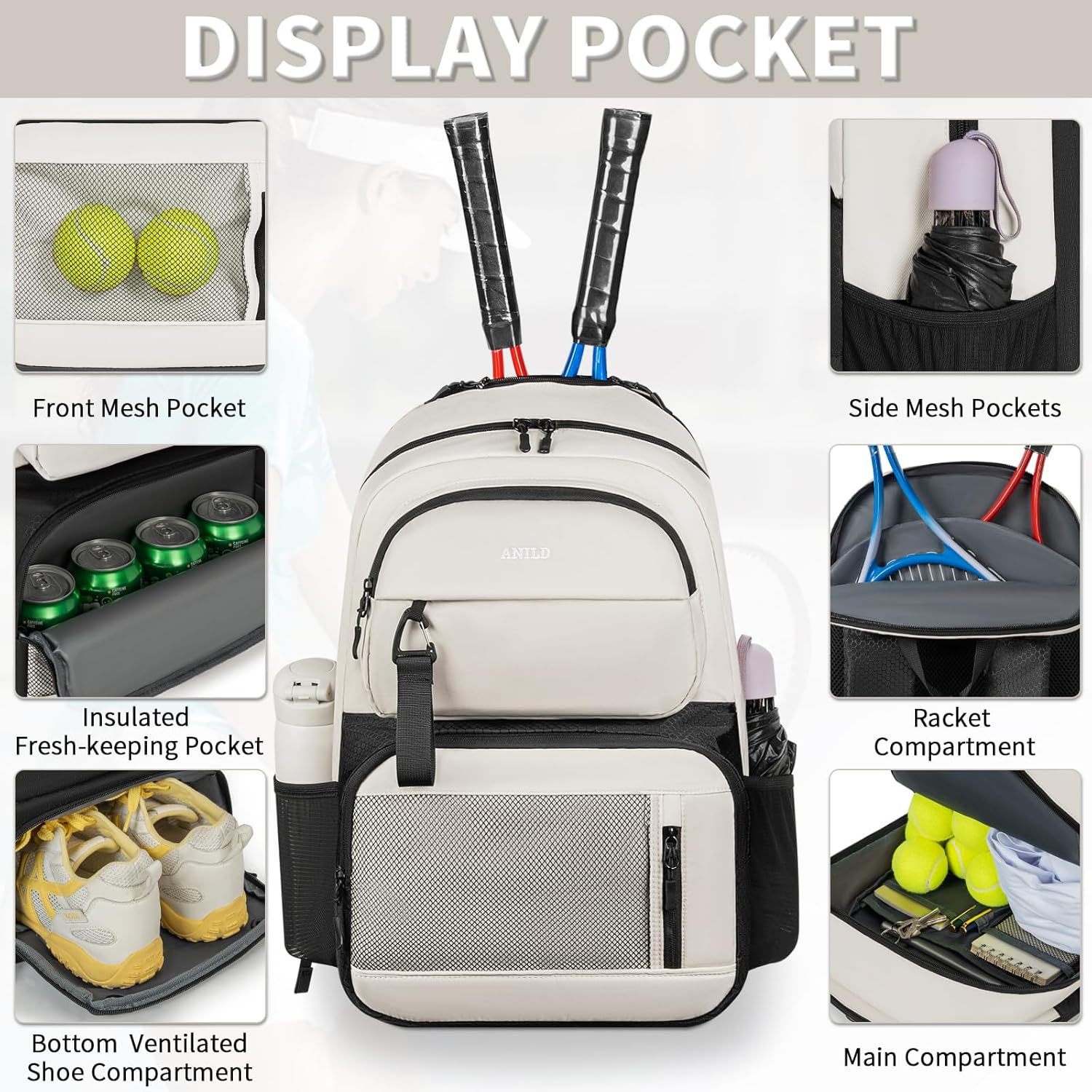 ANILD Tennis Bag Tennis Racket Backpack for 2 Rackets with Ventilated Shoe Compartment for Men & Women