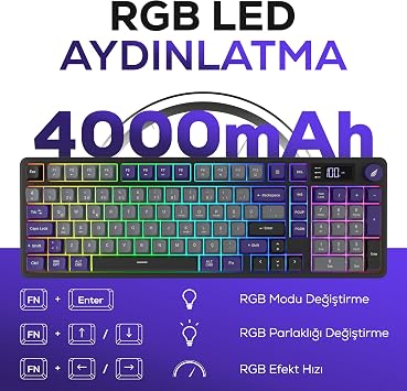 Hawk Gaming HK258 Membrane LCD RGB Kablosuz/Bluetooth Siyah Turuncu Full Türkçe Gaming Klavye (Gri Mor)