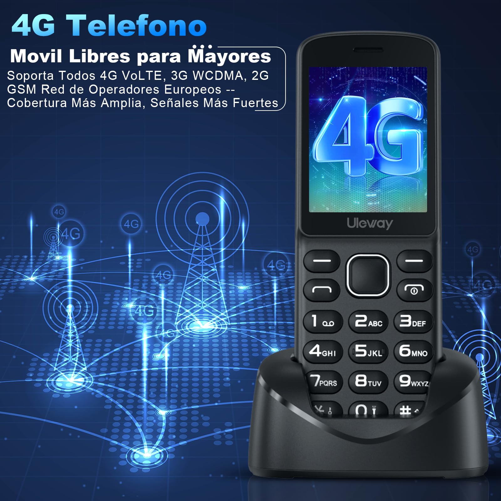 4G Volte Telefono Movil para Mayores con Teclas Grandes | Gran Pantalla de 2,4” | Teléfono Móvil Personas Mayores Libres con Batería de 1400 mAh | Base de Carga | USB-C | Radio FM | Alto Volumen
