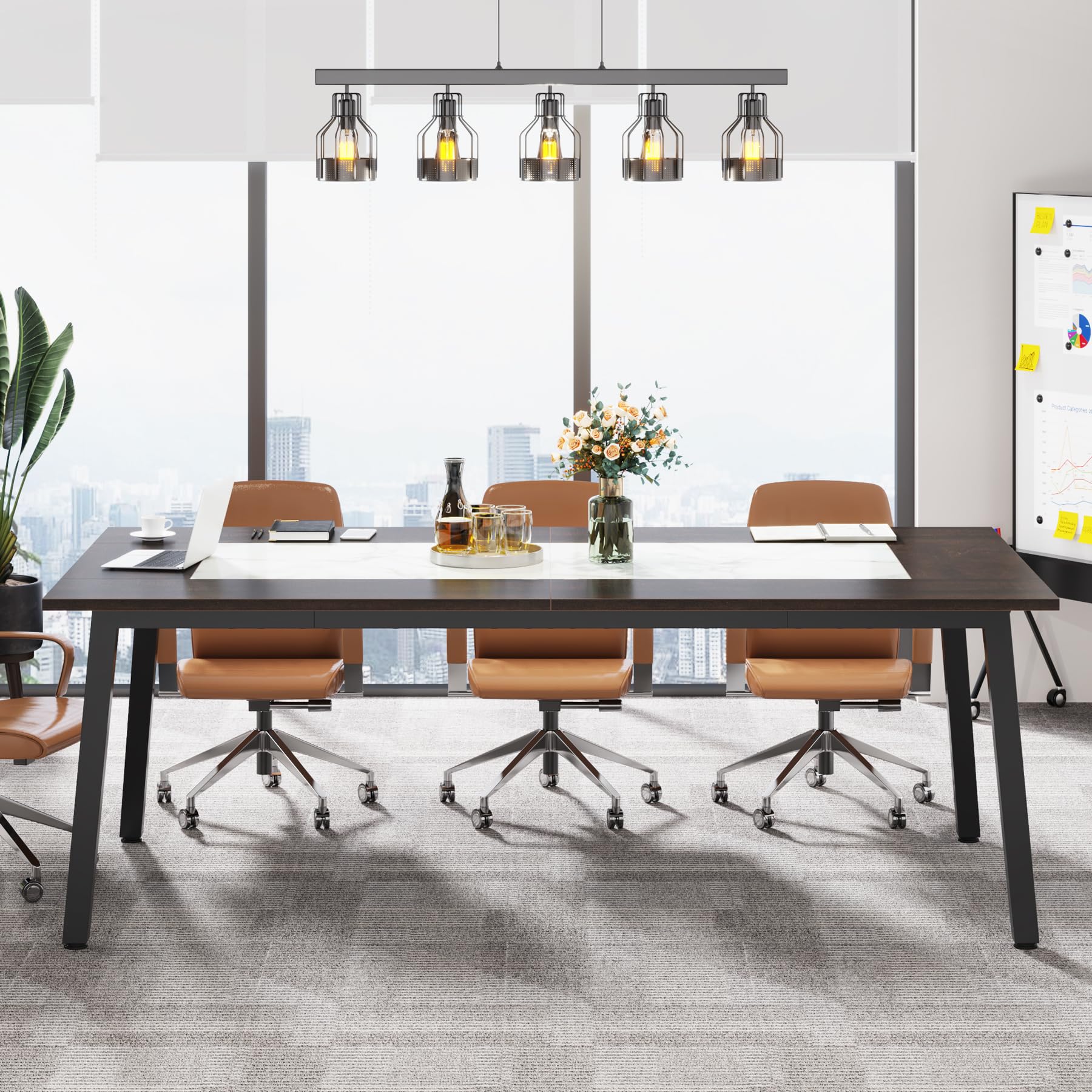 Tribesigns Large Conference Table Grande Tavolo da conferenze, Legno Ingegneria Metallo, Acero caffè + Calacatta Bianco + Nero, L