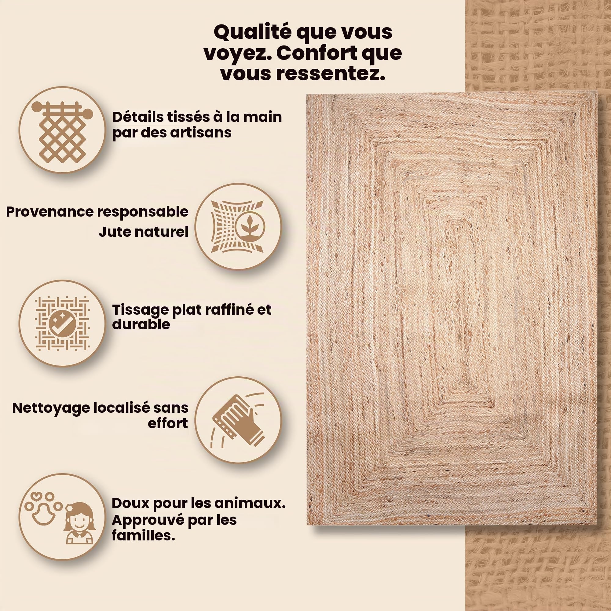 Craft Trade Naturel Bohème Rectangle Tapis en Jute Réversible Tressé Tapis de Chiffon Jute Lavable Tissé à la Main Décor pour Cuisine Salon et Chambre - 120X180 cm