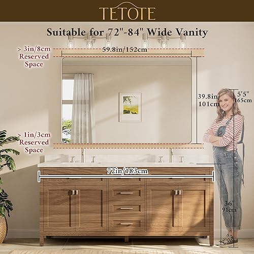 Miniatura 74 de TETOTE Espejo con marco dorado cepillado de 48 x 24 pulgadas, espejo de tocador de baño de latón para pared, moderno espejo rectangular de esquina