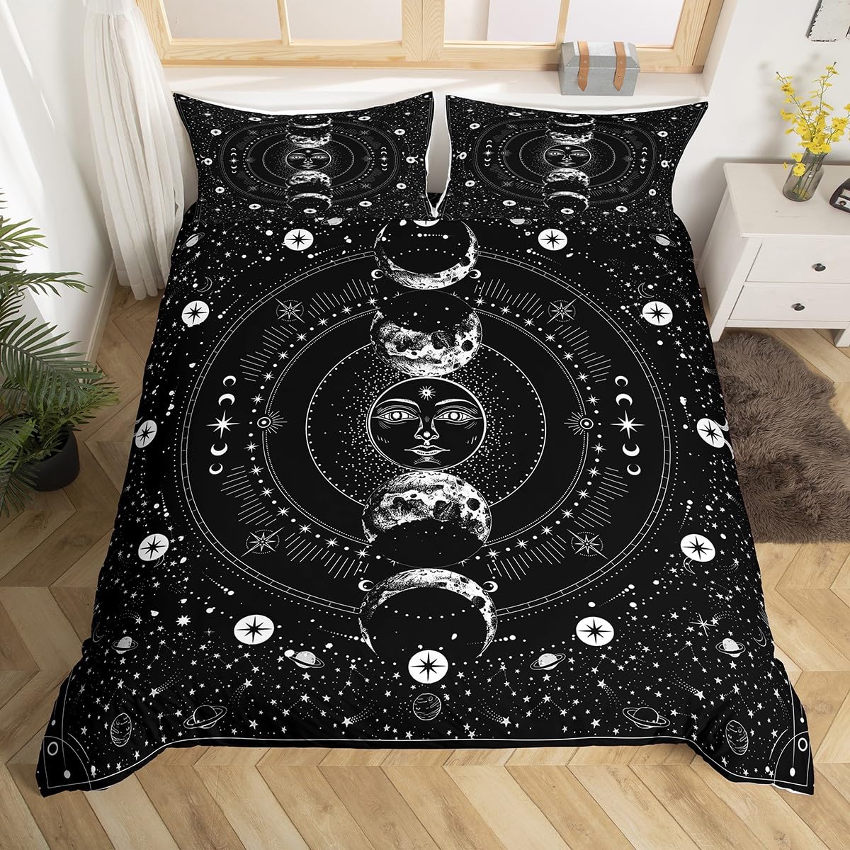 Manfei Sun and Moon Duvet Cover Set Queen Size, Stars Space Psychedelic Bedding Set 3pcs for Kids Boys Teens Bedroom Decor, Black and White Comforter Cover Boho Sun Moon Quilt Cover with 2 Pillowcases