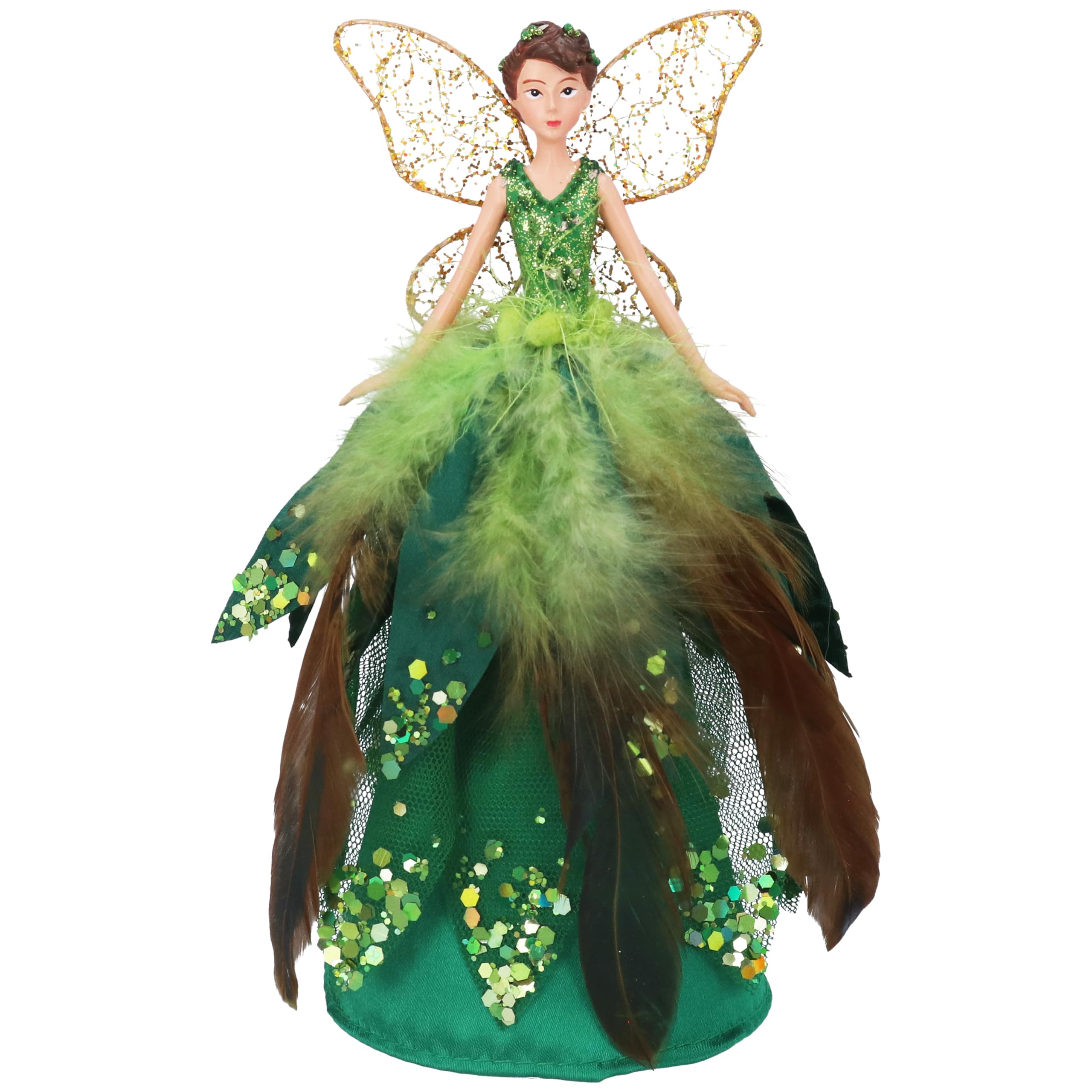 Gisela Graham Green Fairy Christmas Tree Topper, Feather Skirt, 18Cm
