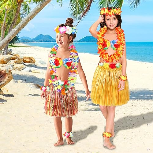 Miniatura 5 de Fortuning's JDS Falda hawaiana de hierba hula para niña de 15.7 in con flores, disfraz para Luau Beach Party Performance Outfits Decor