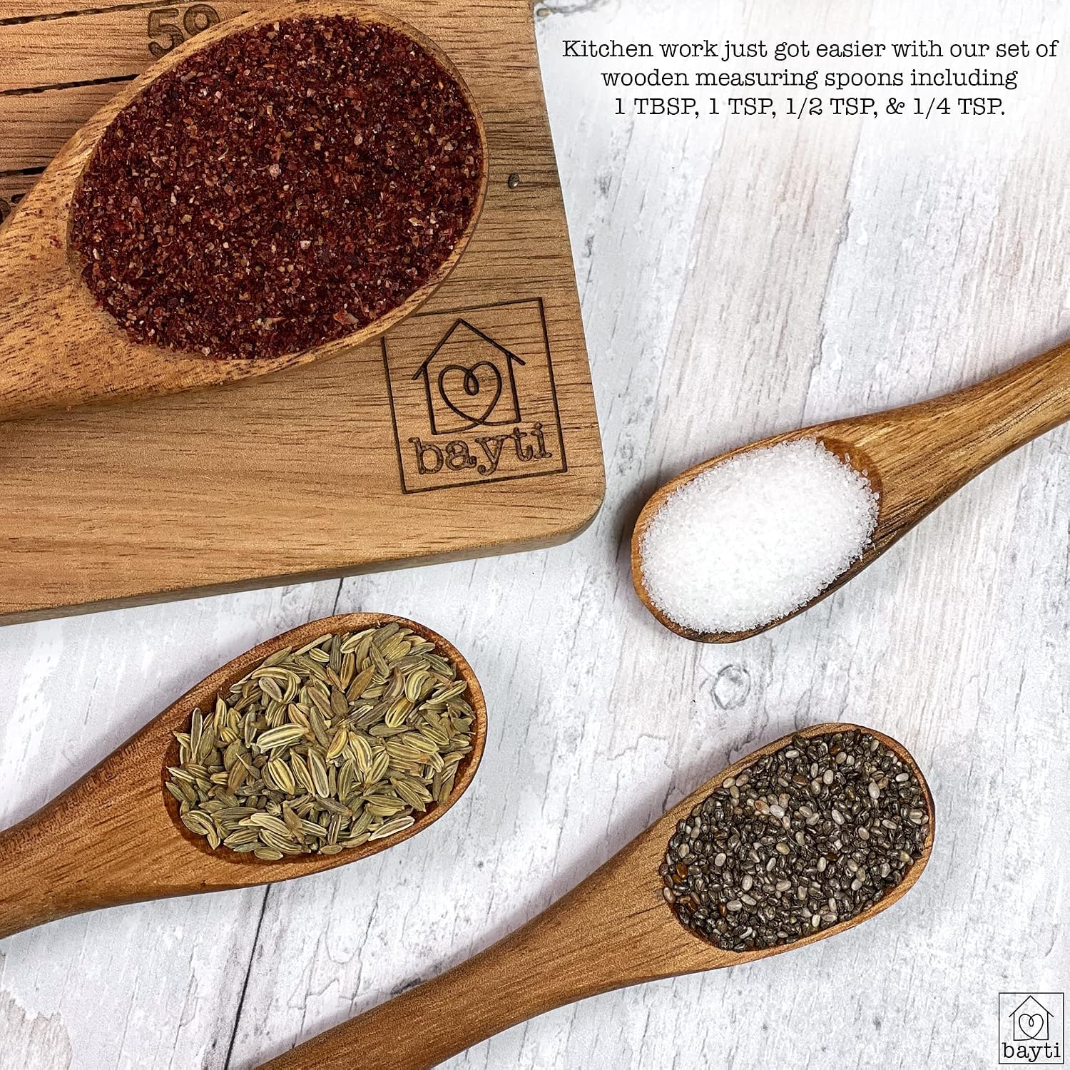 Juego de 4 cucharas medidoras de madera de acacia de mango largo, 100% natural de grado alimenticio