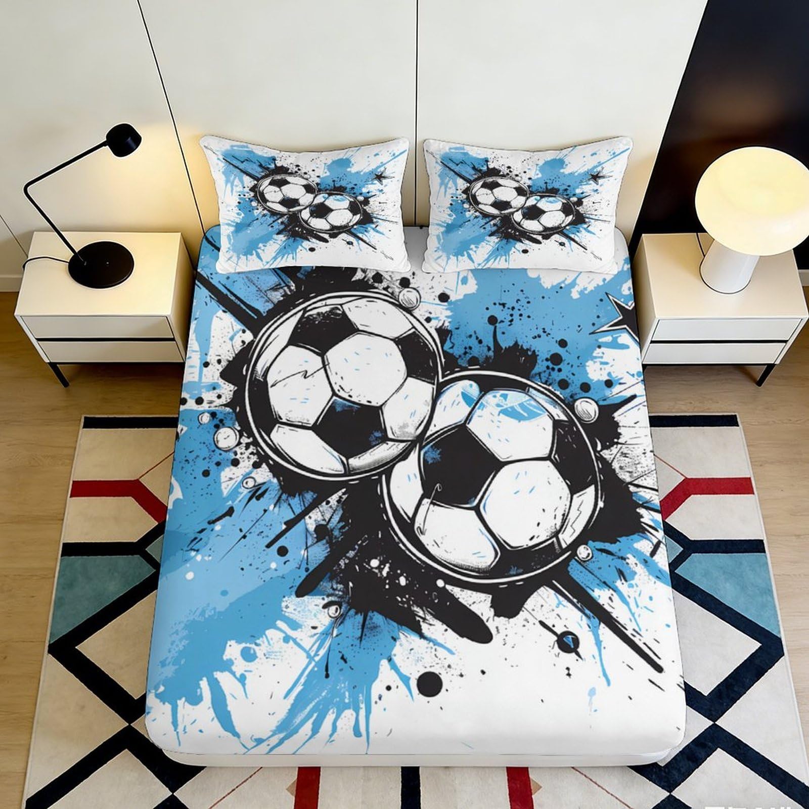 Pnayamiorkfel Style-10 3D Printed Blue Soccer Splash Fitted Sheet Microfiber Mattress Cover Bedroom Decor Anti-Slip Machine Washable 90X200x25cm