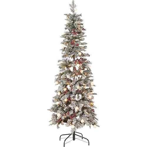 HGTV Home Collection Pre-Lit Slim Snowy Bubble Tree with Red Berries, Green, with Warm White LED Lights, Plug in, 6ft