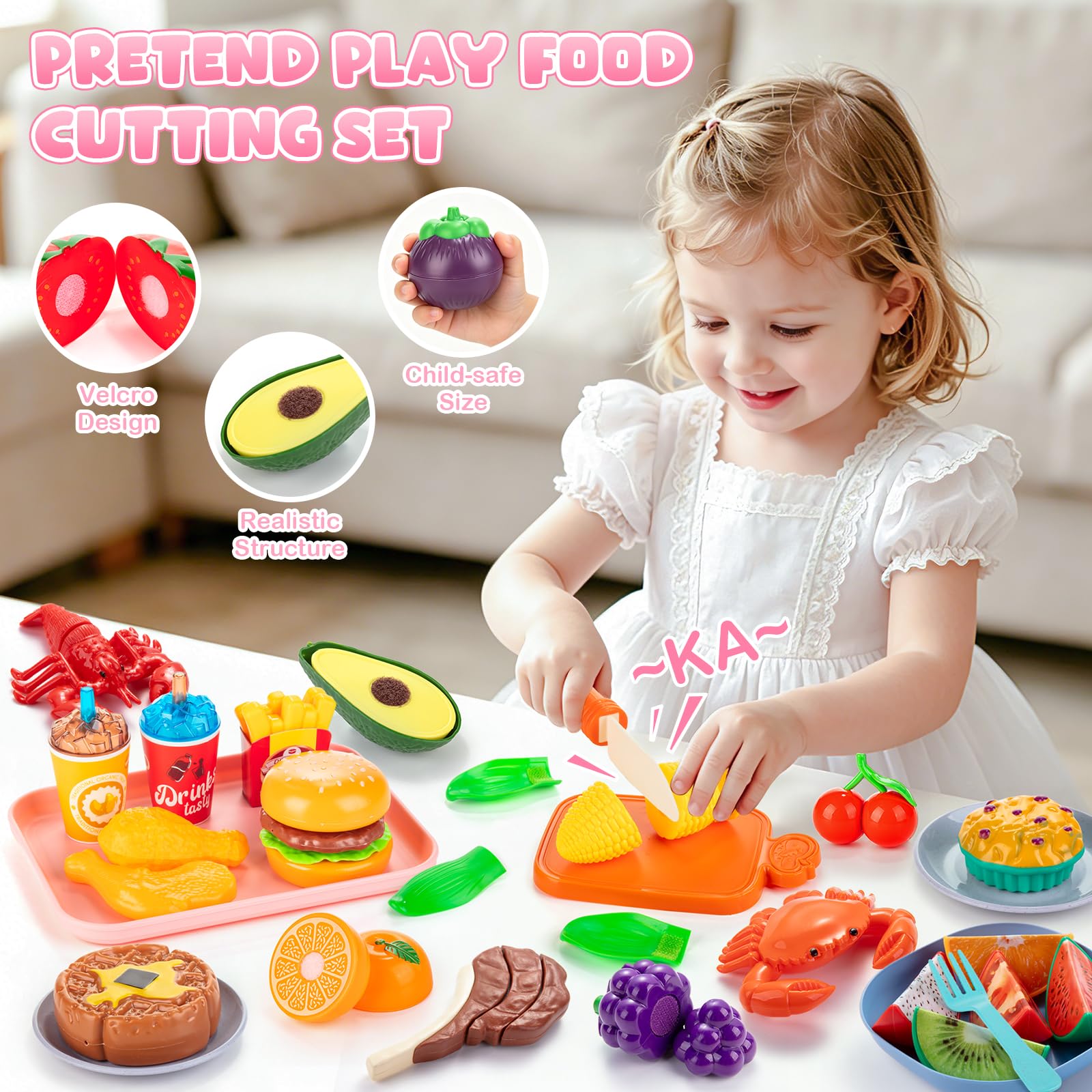 EFOSHM 68-Pièces Cuisine Enfant, Dinette Enfant, Cuisine Exterieure avec Support à Desserts, Jouets Alimentaires Découpables : Pizza, Fruits, Légumes – Cadeau pour Filles et Garçons de 3 à 7 Ans