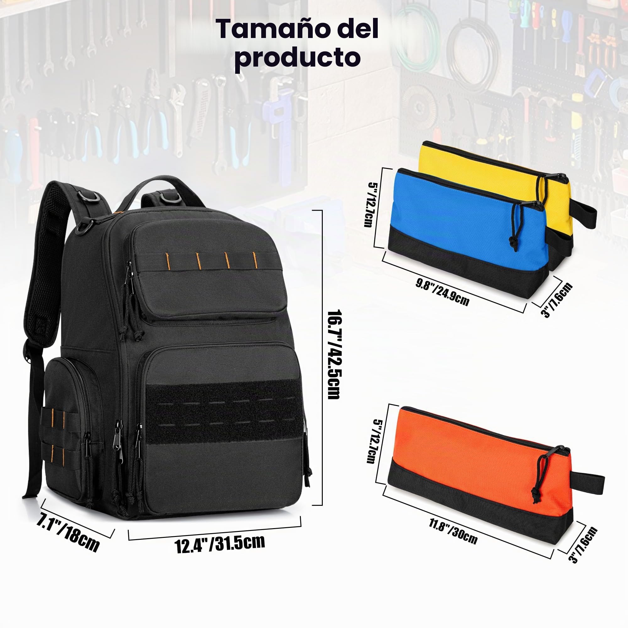 Rexmica Mochila de Herramientas para Hombre con 3 Bolsillos, Negro | Bolsa de Almacenamiento de Herramientas para Reparadores, Carpinteros, Mochila Herramienta Electricista