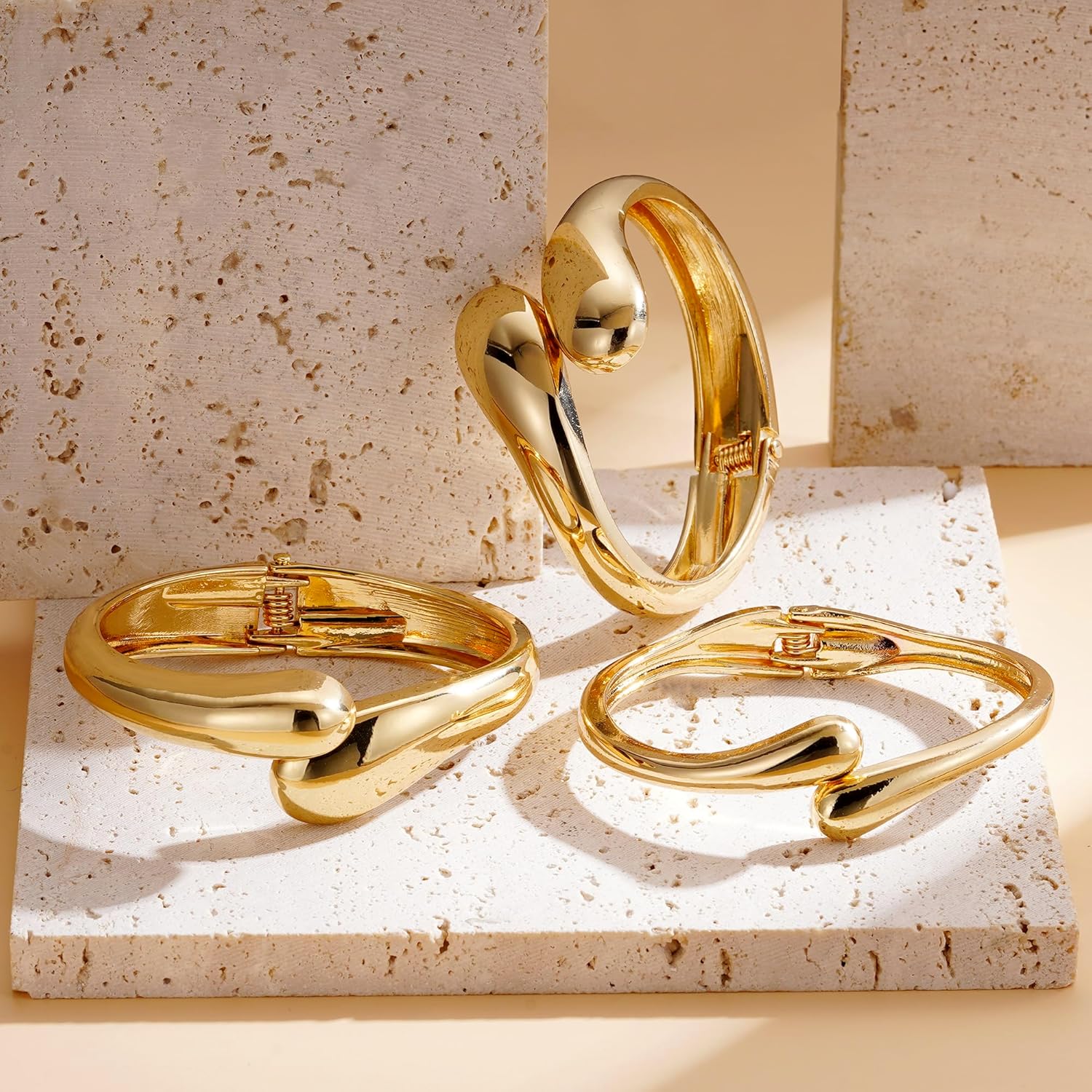 Gold Bangle Bracelet for Women Trendy - 18K Gold Filled Waterdrop Adjustable Twist Cuff Bracelet Thick Chunky Gold Bangle Bracelets for Women Waterproof Jewelry Gifts - Image 6