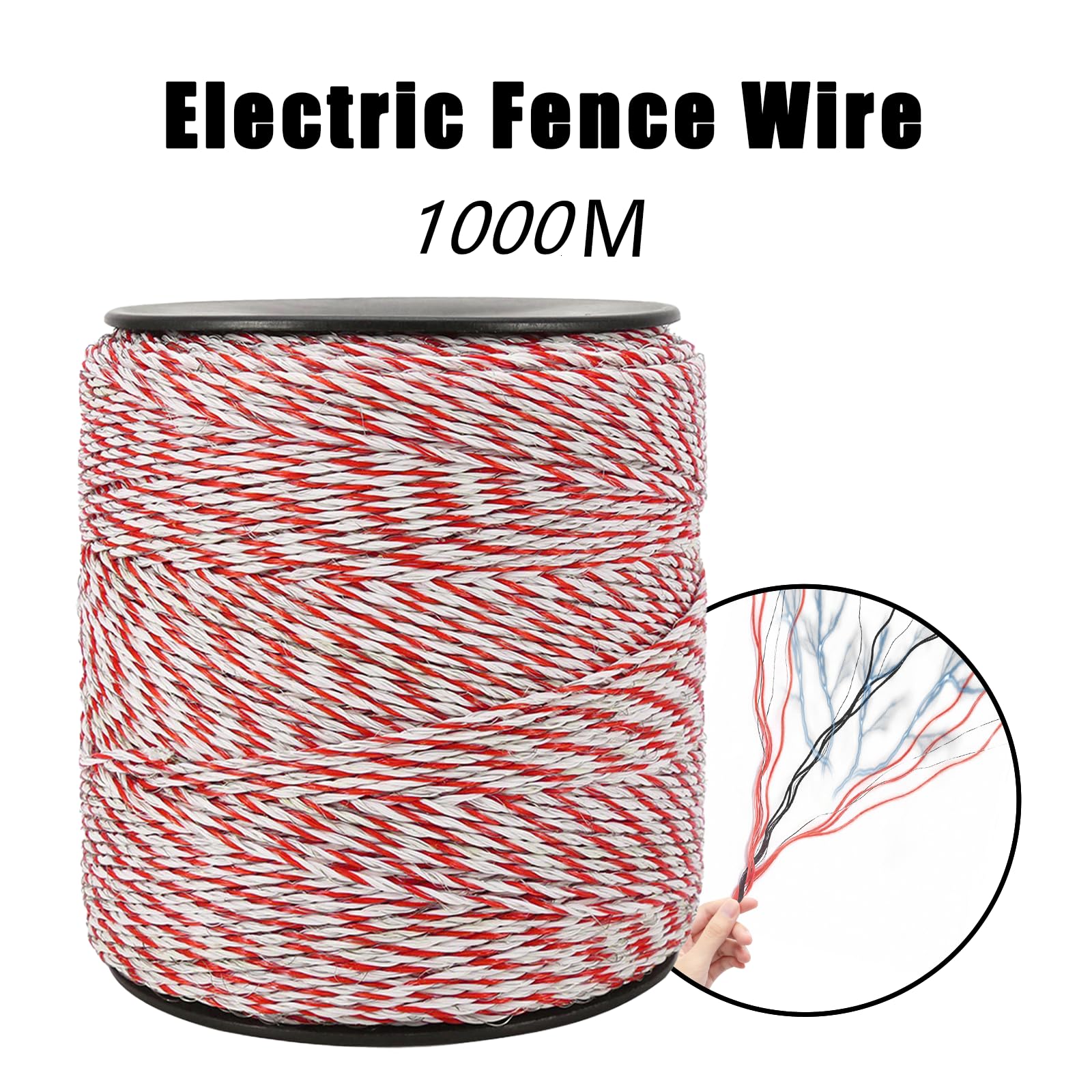 Qivine 1000M Hilo Pastor Electrico para Caballos, Conductor Cable de Acero Inoxidable, Alambre de Polietileno de Alta Conductividad para para Cercas de Ovejas y Caballos de Granja (Rojo Blanco)