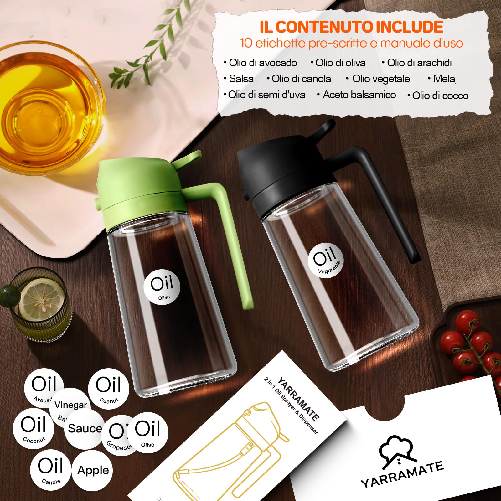 YARRAMATE Spruzzino Olio per Friggitrice Aria 2 in 1, 470 ml Dosatore Bottiglia e Oliera Spray da Cucina, Accessori Nebulizzatore per Alimenti e Spruzzatore (Nero)