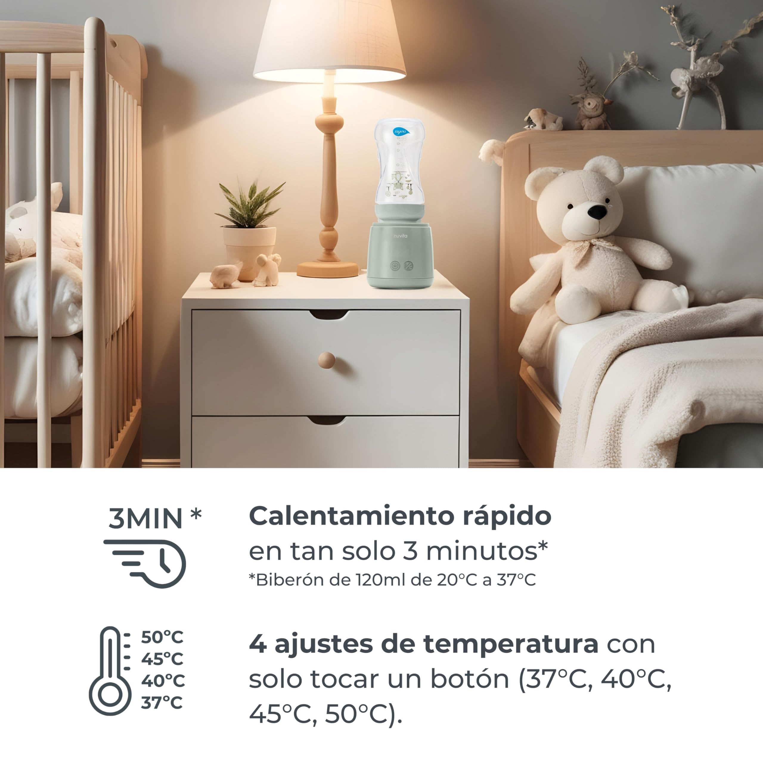 Nuvita 1163 Warm’n’Mix Calentador de Biberones Portátil con batería y Función de Calentamiento y Mezcla – Calentamiento Rápido en 3 Minutos, 4 Configuraciones de Temperatura, Compatibilidad Universal