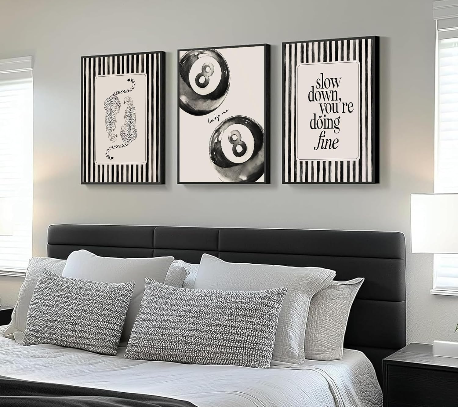 Xynvor 3Pcs Trendy Cheetah Canvas Wall Art Fashion Black Beige Stripe Posters Artwork Funky Lucky 8 Ball Painting Pictures Wall Decor for Bedroom Apartment Dorm Home Decoration 16x24in Unframed