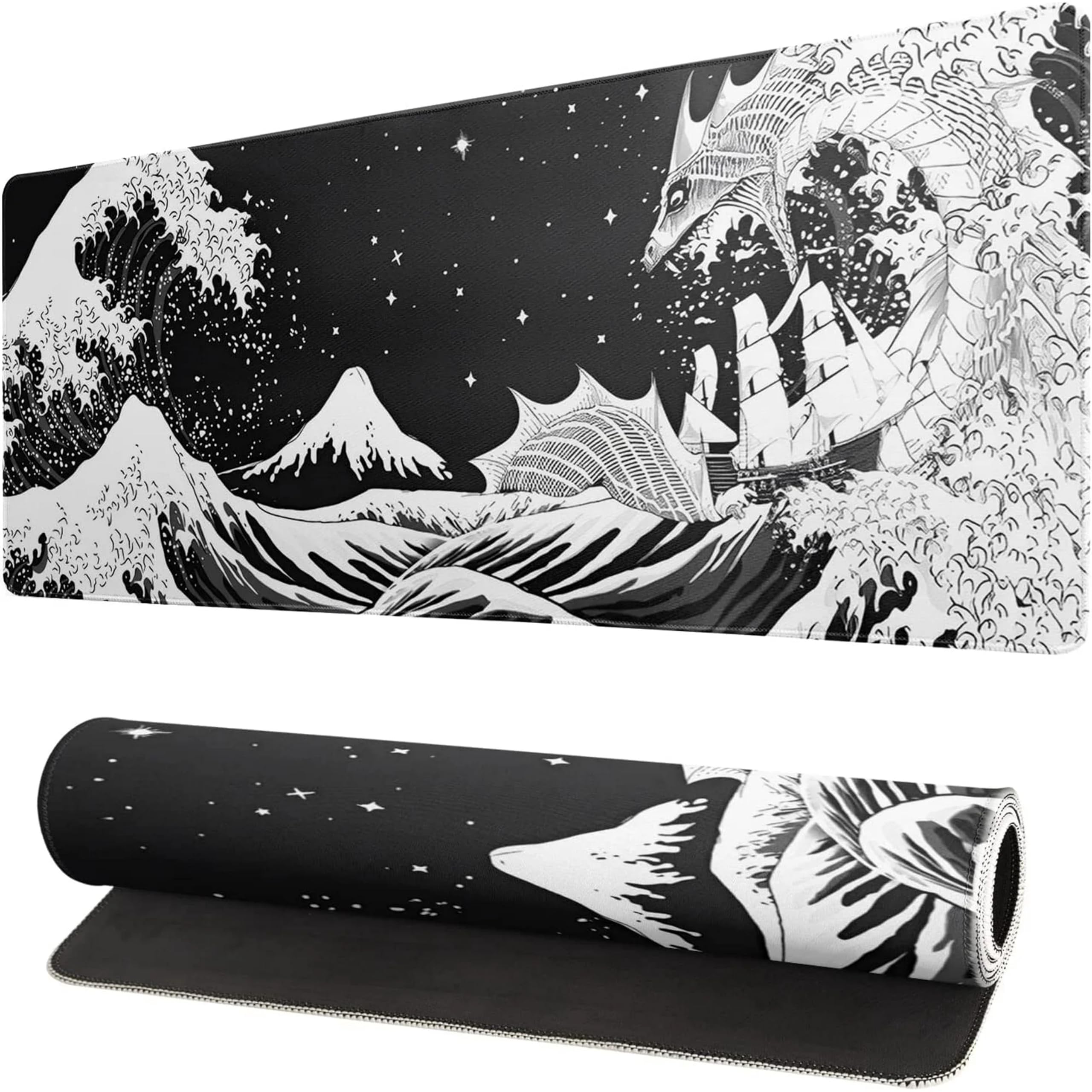 OUTFITQUE -Printed Gaming Mousepad – Premium Stitched Edges, Smooth Surface,Size 11x23 inches, Non-Slip Rubber Base – Ideal for Office & Gaming Setup (Black and White Japanese Waves Dragon)-image-26