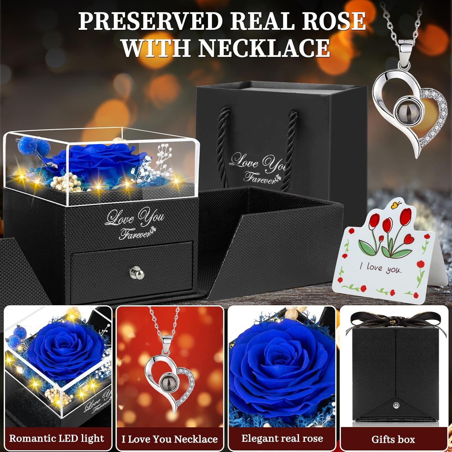 Preserved Blue Real Rose with I Love You Necklace -Eternal Flowers Rose Gifts for Mom Grandma Wife Girlfriend Gifts for Her Christmas Birthday Anniversary - Image 2