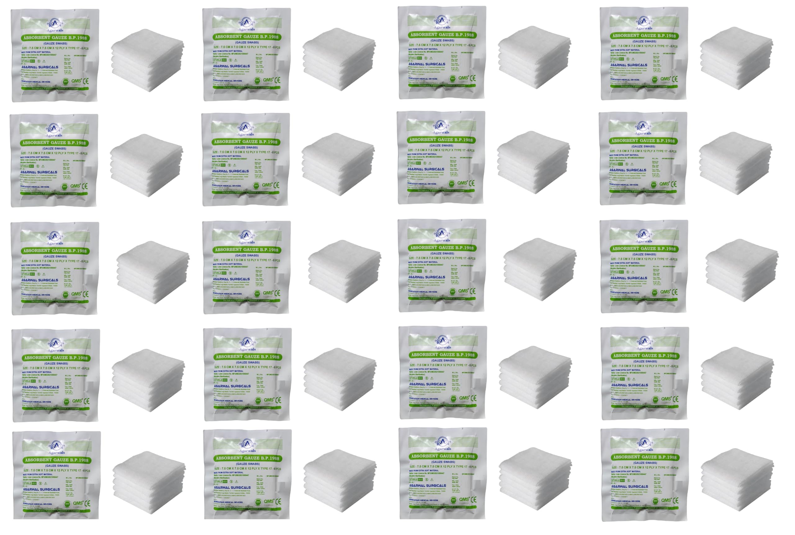 Agarwals Absorbent Gauze Swabs Sterile 7.5 cm X 7.5 cm X 12 ply (5Pcs/Pack) (Pack of 20 i.e. 100 Dressings)