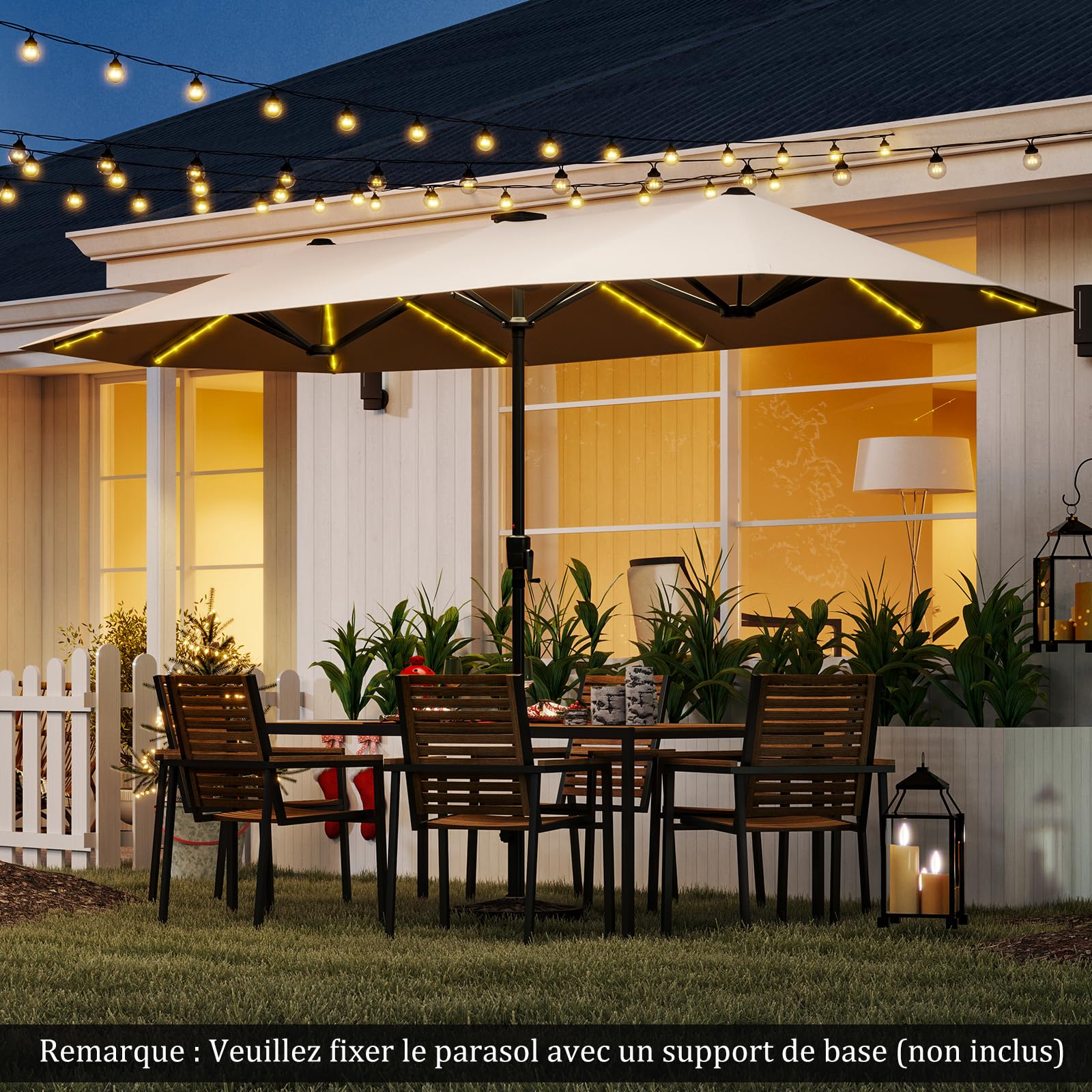 GOPLUS 3,8M Parasol de Jardin Extérieur Double, Grand Parasol Rectangulaire avec LED Coloré, Manivelle, Panneau Solaire, 12 Baleines, pour Terrasses Balcon Cour Marché (Beige)