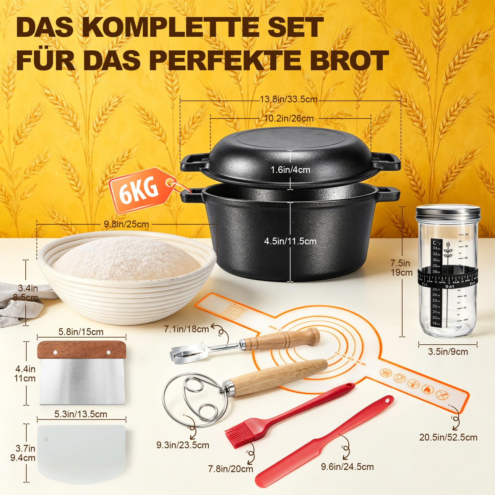 Gusseisen Topf Brot Backen 26cm mit Sauerteig Starter Set | Brotbackset Sauerteig inkl. Gärkörbchen aus Rattan(25cm rund), Gärglas & Zubehör – Brotbackform mit Deckel(Dutch Oven)