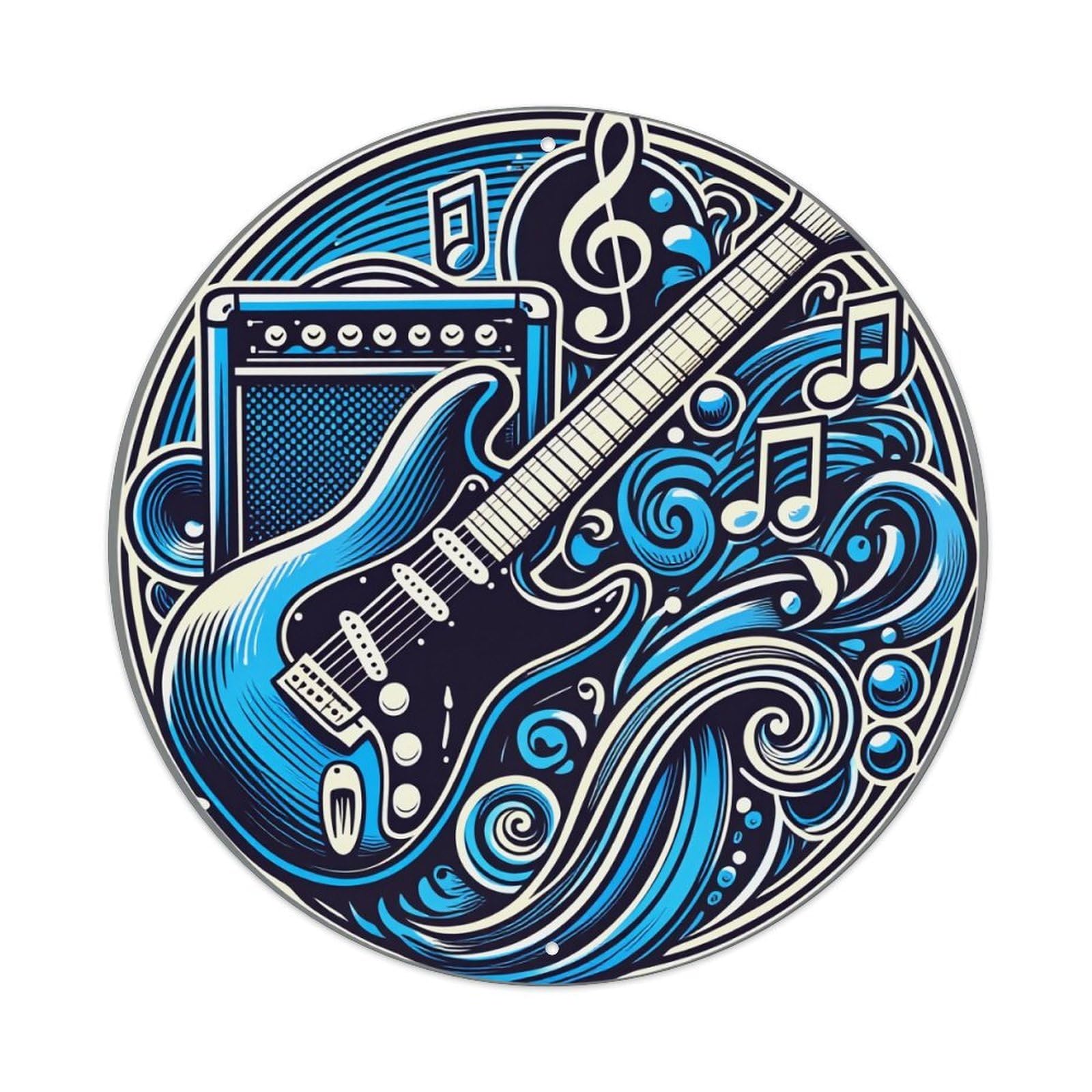 Electric Guitar Music Notes Waves Round Tin Sign Vintage Metal Poster, Home Bar Garage Man Cave Cafe Indoor & Outdoor Wall Decoration 8x8Inches