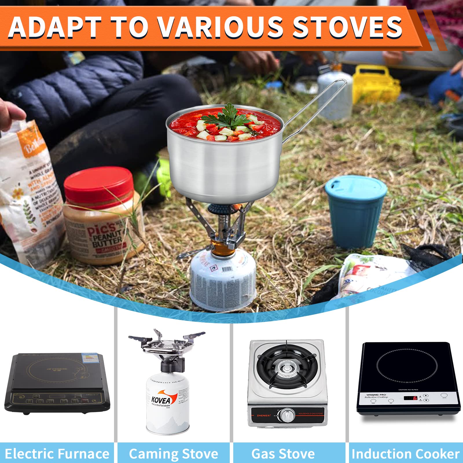 Campeggio Pentole Utensili Set, Set di Pentole da Campeggio, Gavetta Pentole Set da Campeggio Inox, Set da Cucina da Campeggio Pieghevole per Campeggio, Trekking, Escursionismo e Picnic