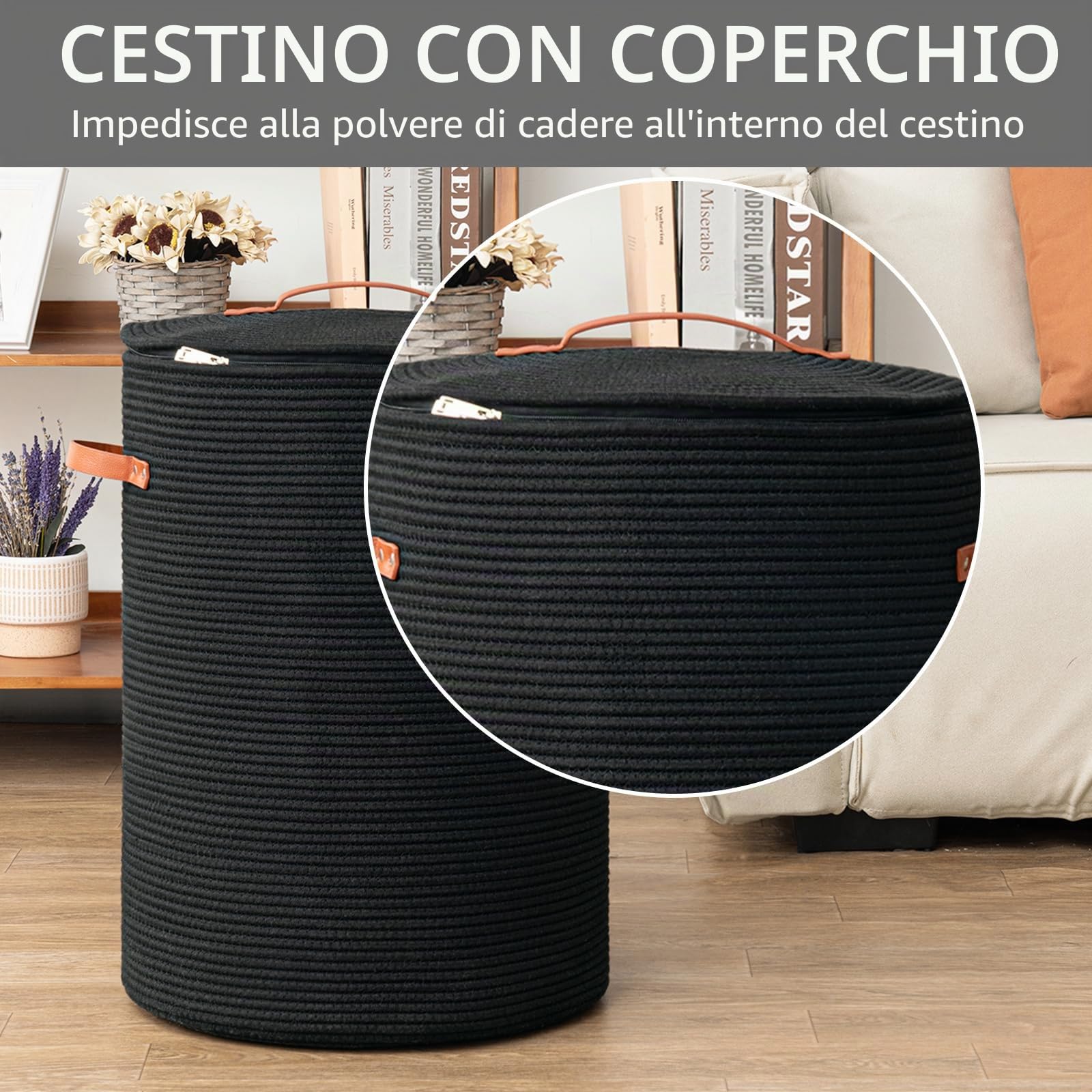 CHICVITA Cesto portabiancheria alto con coperchio, grande cesto portabiancheria per camera da letto, portabiancheria per vestiti, coperte, giocattoli, cesto decorativo intrecciato per soggiorno, 38,1