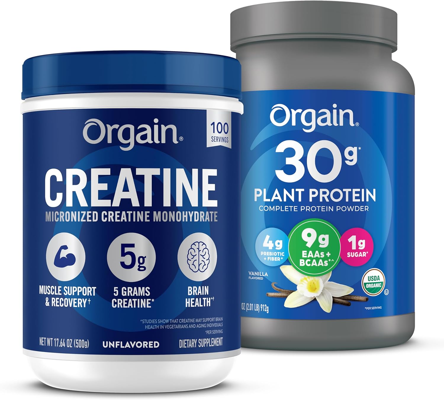 Orgain Creatine Monohydrate Powder 17.64 Oz (100 Servings) & Organic Vegan Protein Powder Vanilla 2.01lb Bundle - Muscle Growth & Recovery Support