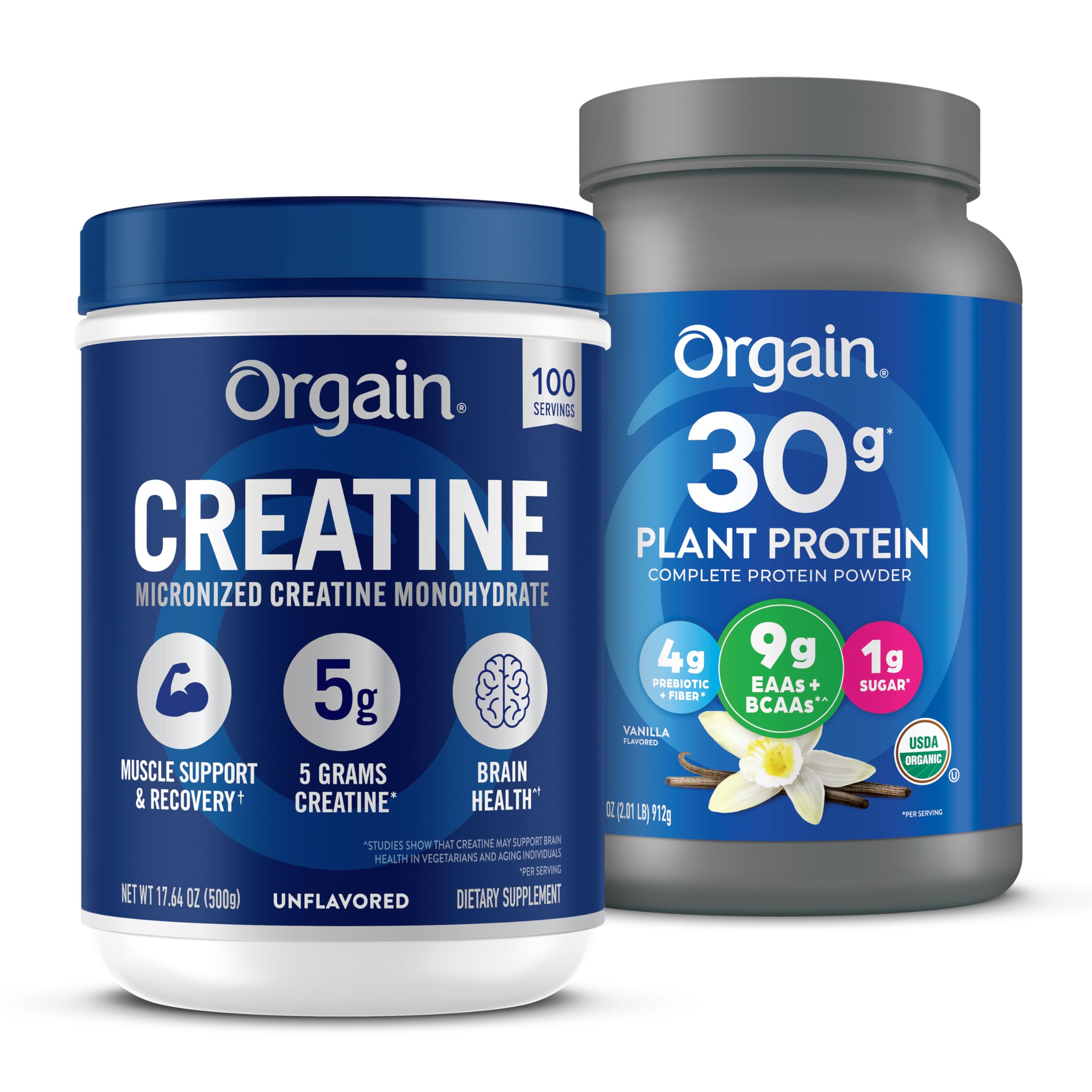 Orgain Creatine Monohydrate Powder 17.64 Oz (100 Servings) & Organic Vegan Protein Powder Vanilla 2.01lb Bundle - Muscle Growth & Recovery Support