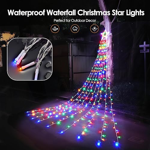 Miniatura 3 de WBao Decoraciones de Navidad para exteriores con estrella de 12 pulgadas, 344 luces LED de 11.9 pies de cascada de Navidad con control remoto, 8